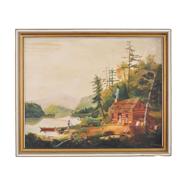 Obraz Powrót wędkarza, żółty, olej na płótnie, rama drewno, aut. A. Enkeshafi, Dania, lata 80. - WYMIARY