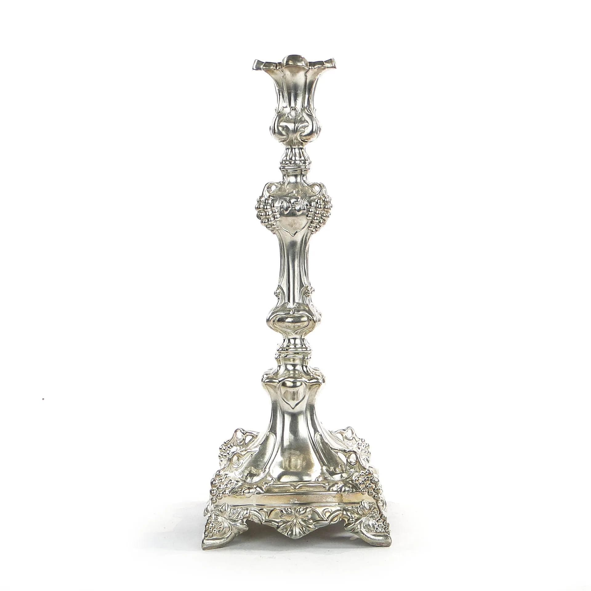 Świecznik rokokowy, srebrny, mosiądz, Juwiler, Polska, XIX w. - 32691