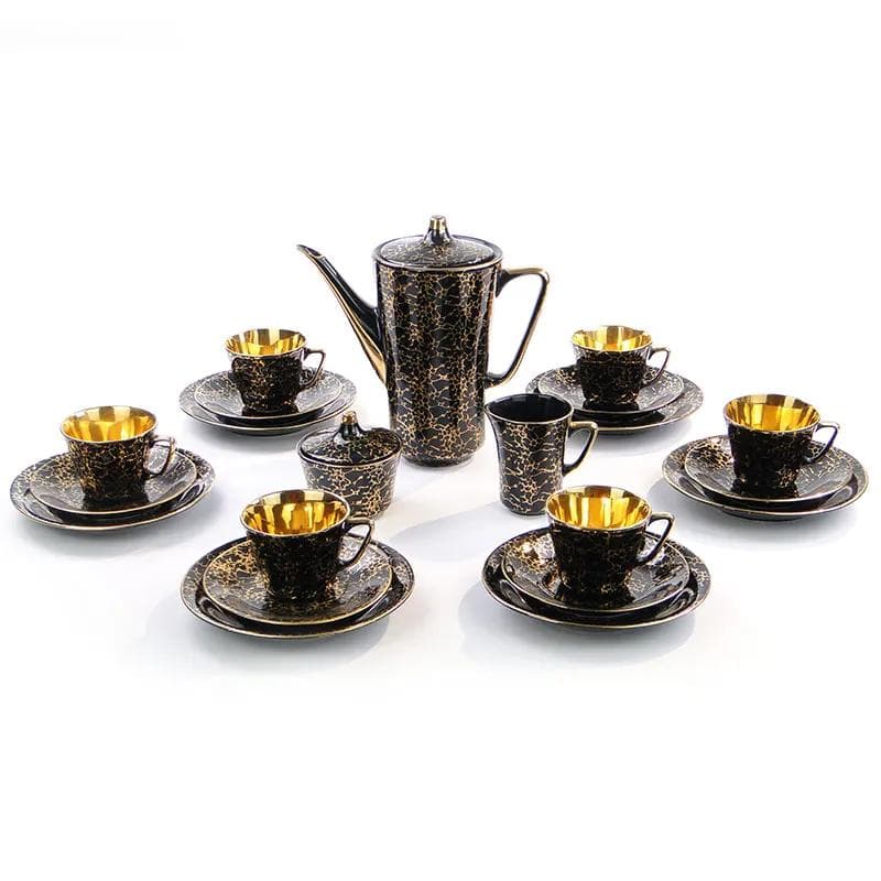 Serwis kawowy Ira, porcelit szkliwiony czarny i złoty, proj. E. Renkowski, Polska, lata 60. - 32816
