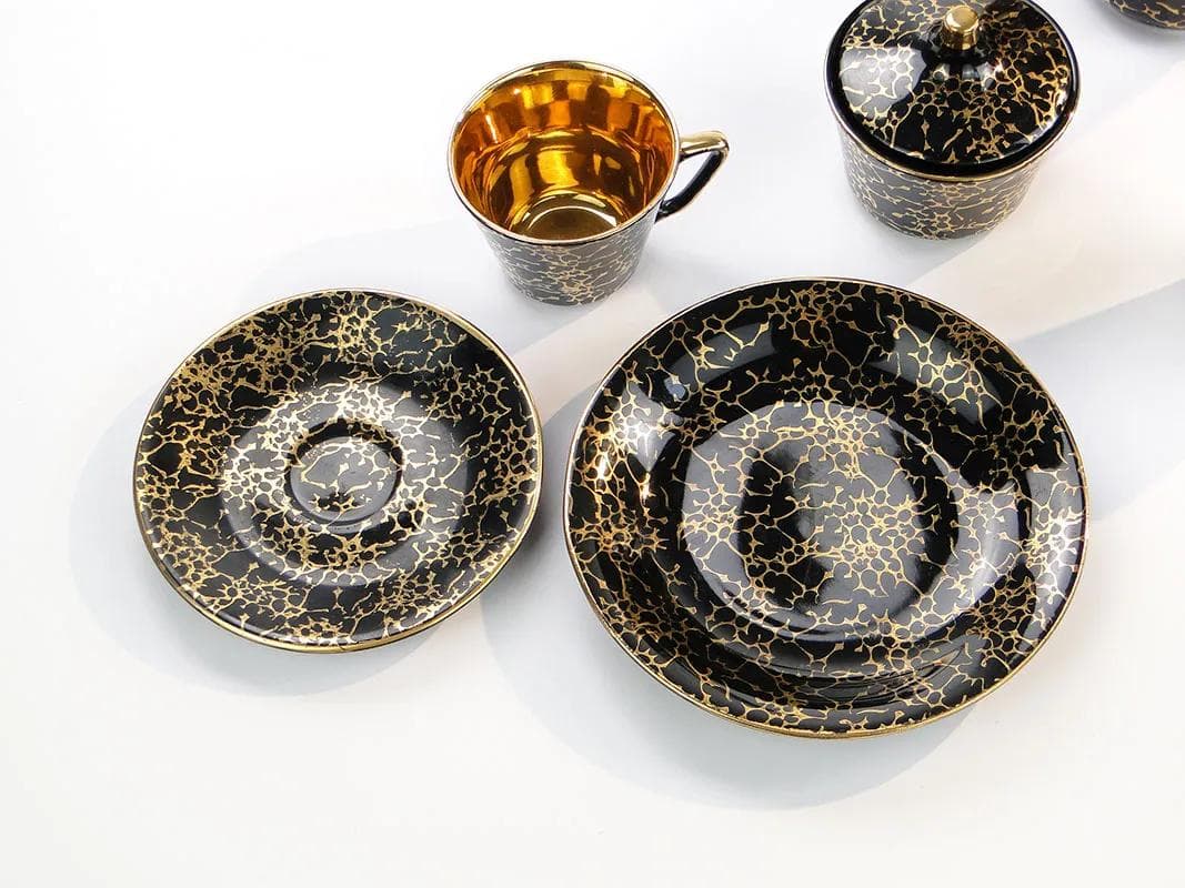 Serwis kawowy Ira, porcelit szkliwiony czarny i złoty, proj. E. Renkowski, Polska, lata 60. - 32815
