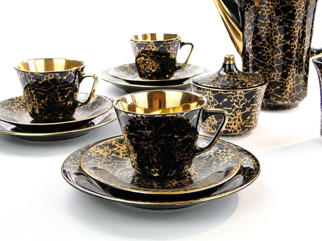 Serwis kawowy Ira, porcelit szkliwiony czarny i złoty, proj. E. Renkowski, Polska, lata 60. - 32811