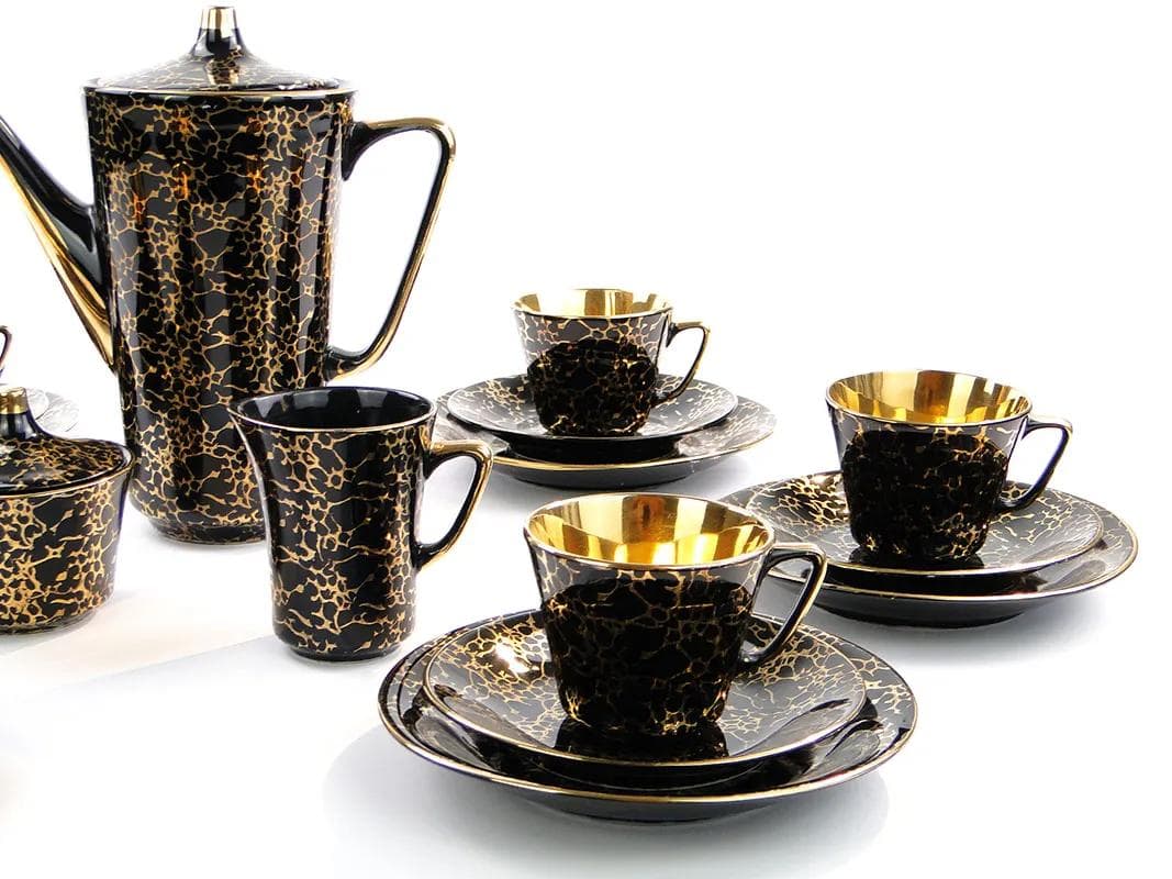 Serwis kawowy Ira, porcelit szkliwiony czarny i złoty, proj. E. Renkowski, Polska, lata 60. - 32812