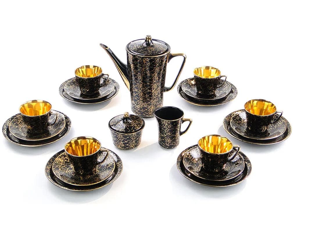 Serwis kawowy Ira, porcelit szkliwiony czarny i złoty, proj. E. Renkowski, Polska, lata 60. - 32810