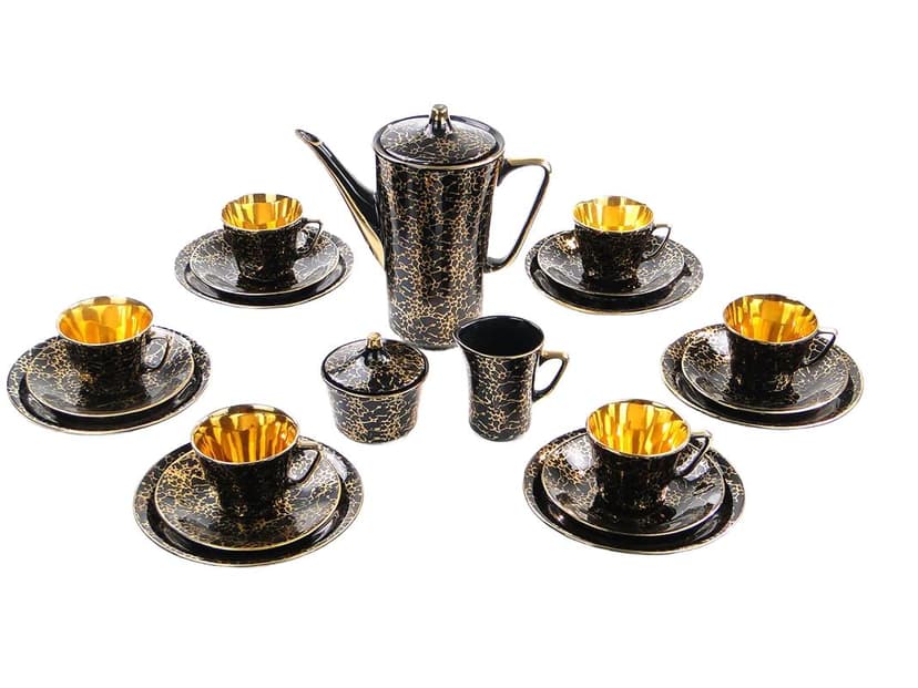 Coffee set Ira, glazed porcelain black and gold, by E. Renkowski, Poland, 1960s.