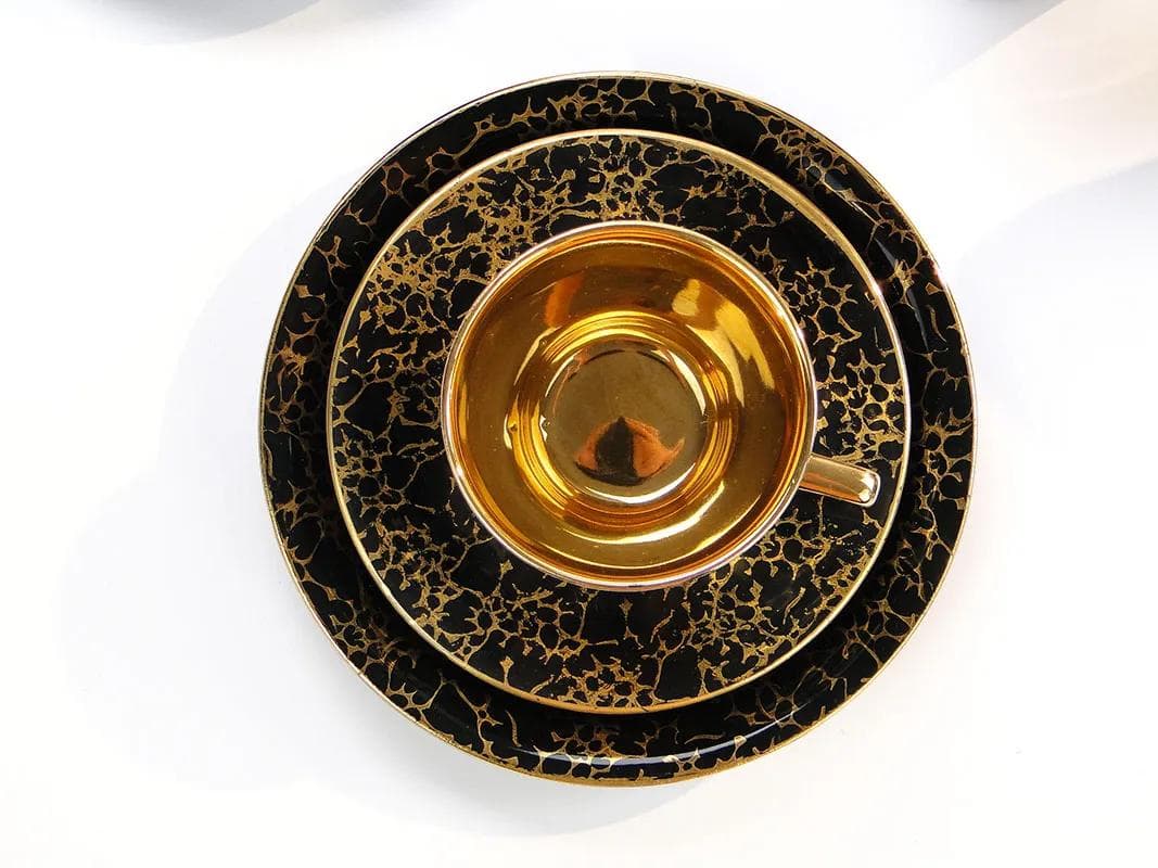Serwis kawowy Ira, porcelit szkliwiony czarny i złoty, proj. E. Renkowski, Polska, lata 60. - 32813