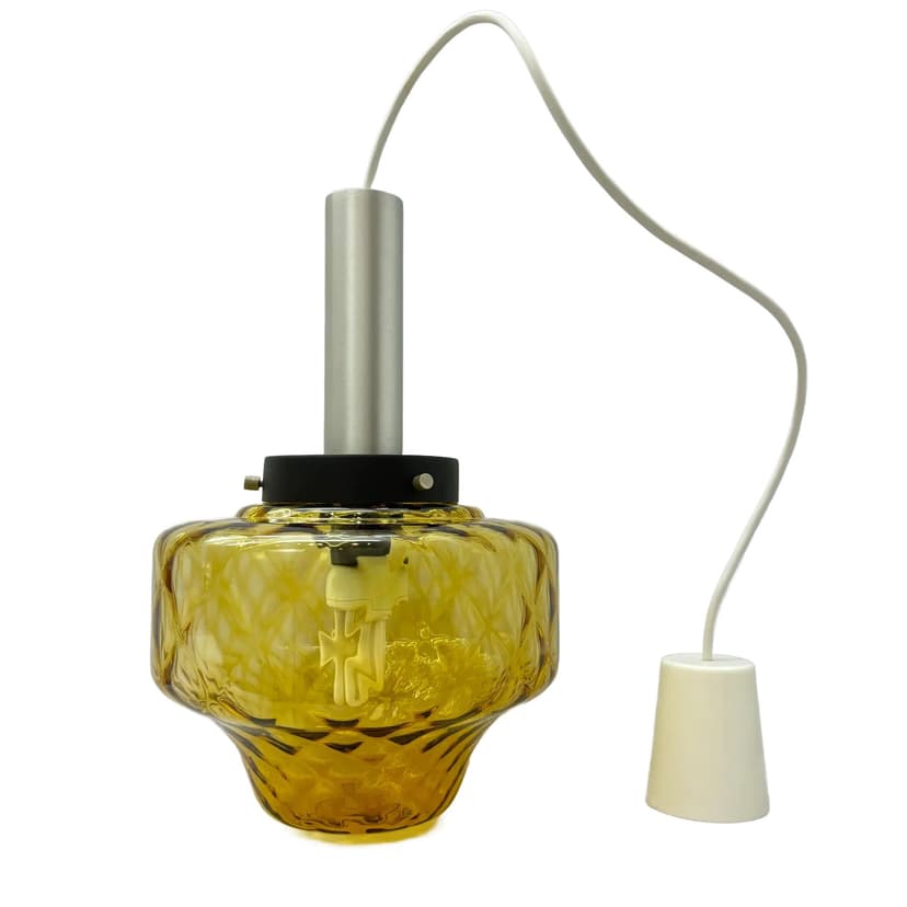 Pendant Lamp, silver aluminum, yellow glass, Poland, 1970s