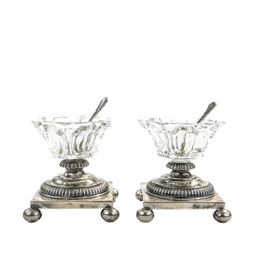 Pair of salt cellars, transparent crystal, silver, gilded, Victorian style, late 19th c.