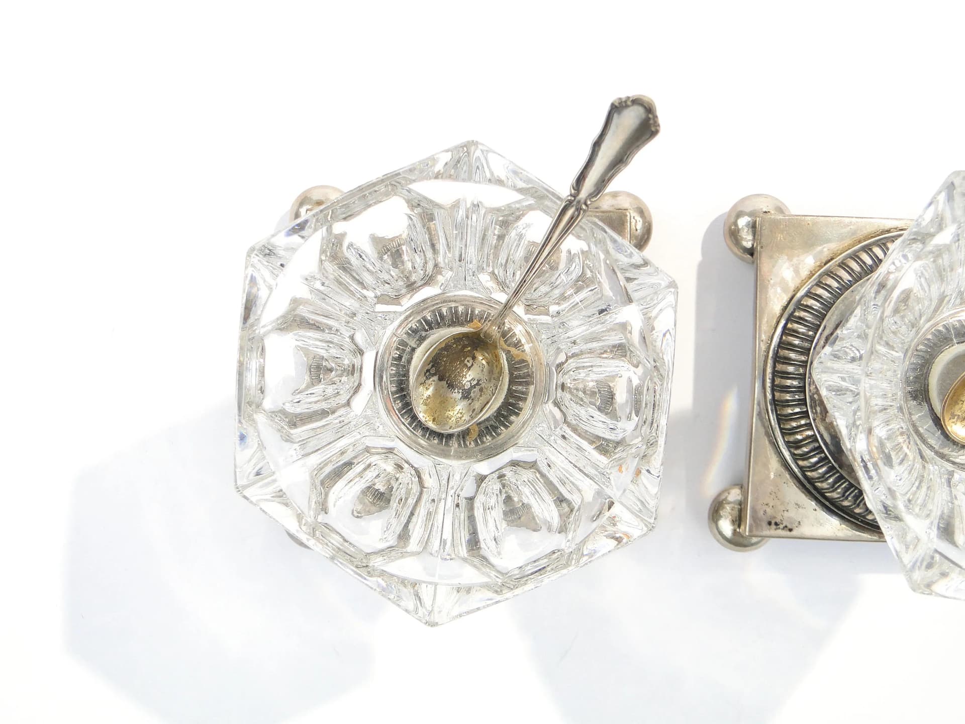 Para solniczek, kryształ przezroczysty, srebro, złocenie, styl wiktoriański, koniec XIX w. - 33069