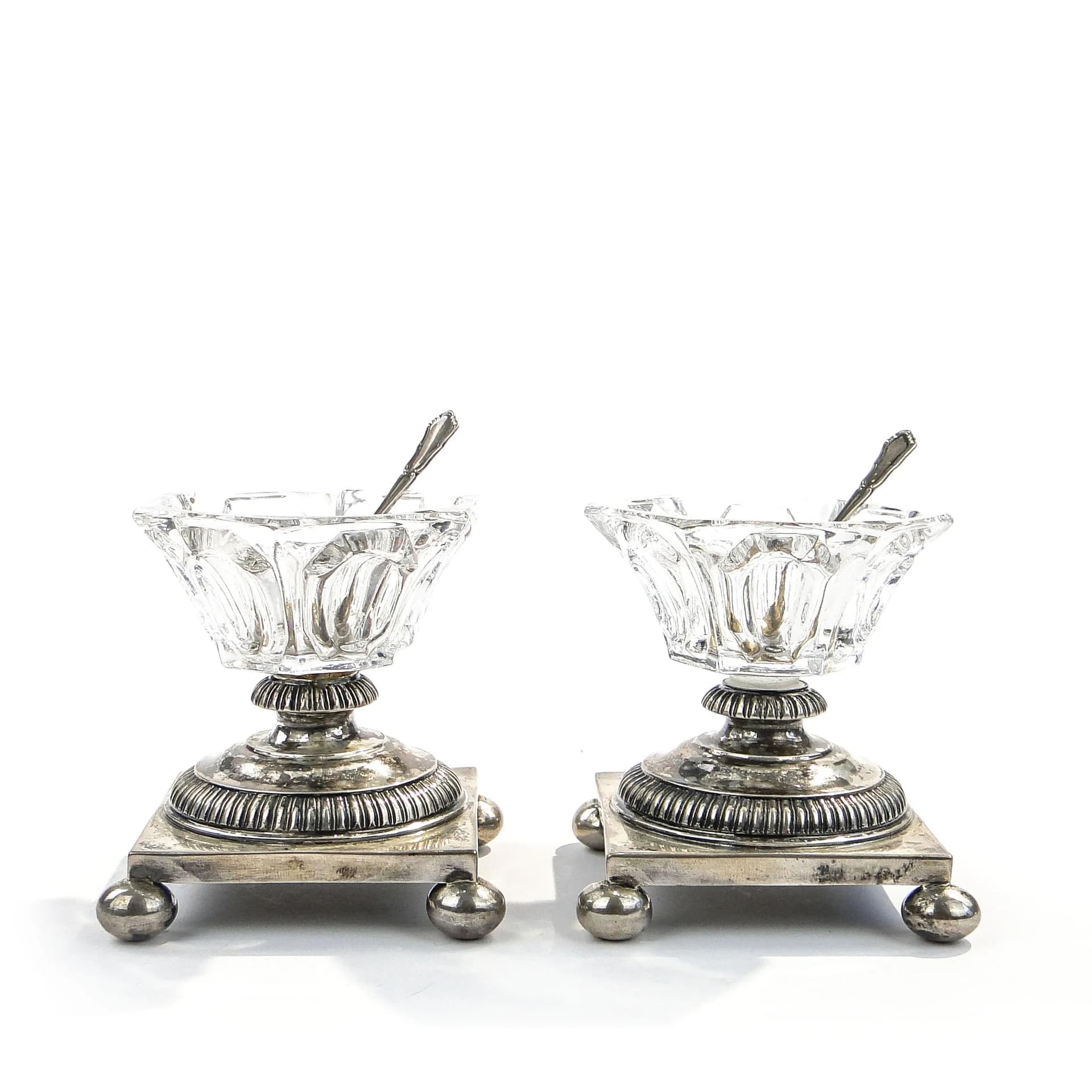 Para solniczek, kryształ przezroczysty, srebro, złocenie, styl wiktoriański, koniec XIX w. - 33063