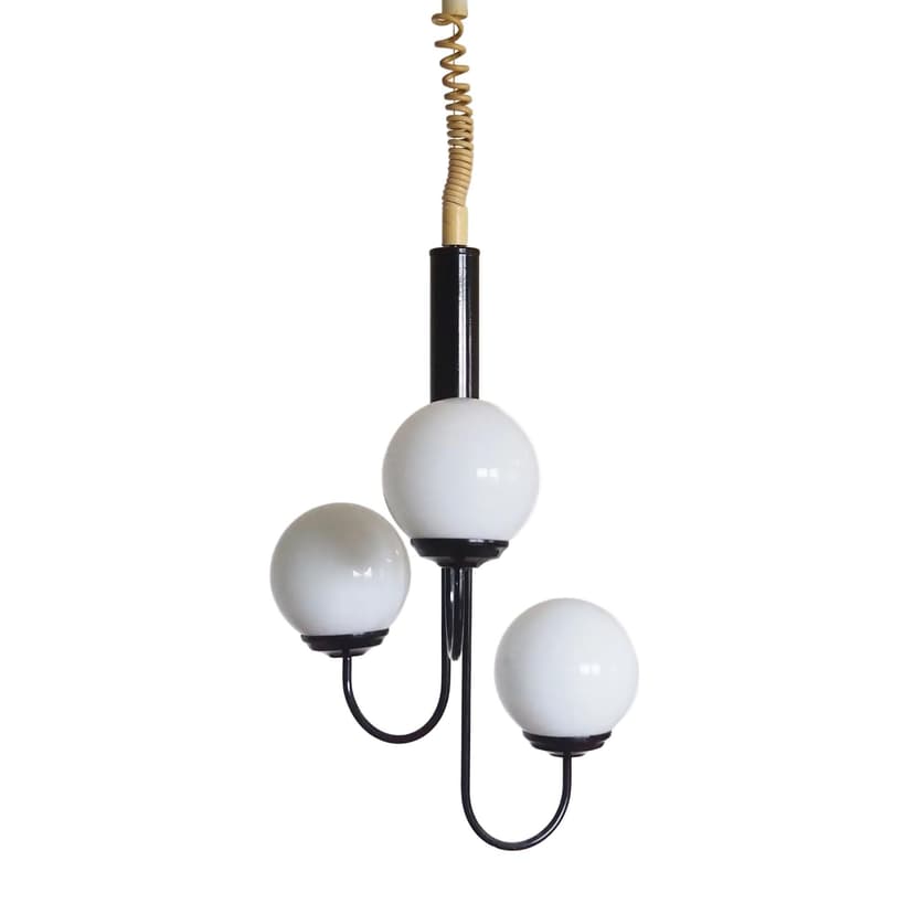 Pendant lamp Danish design, white glass, black metal, beige plastic, Denmark, 1990s.