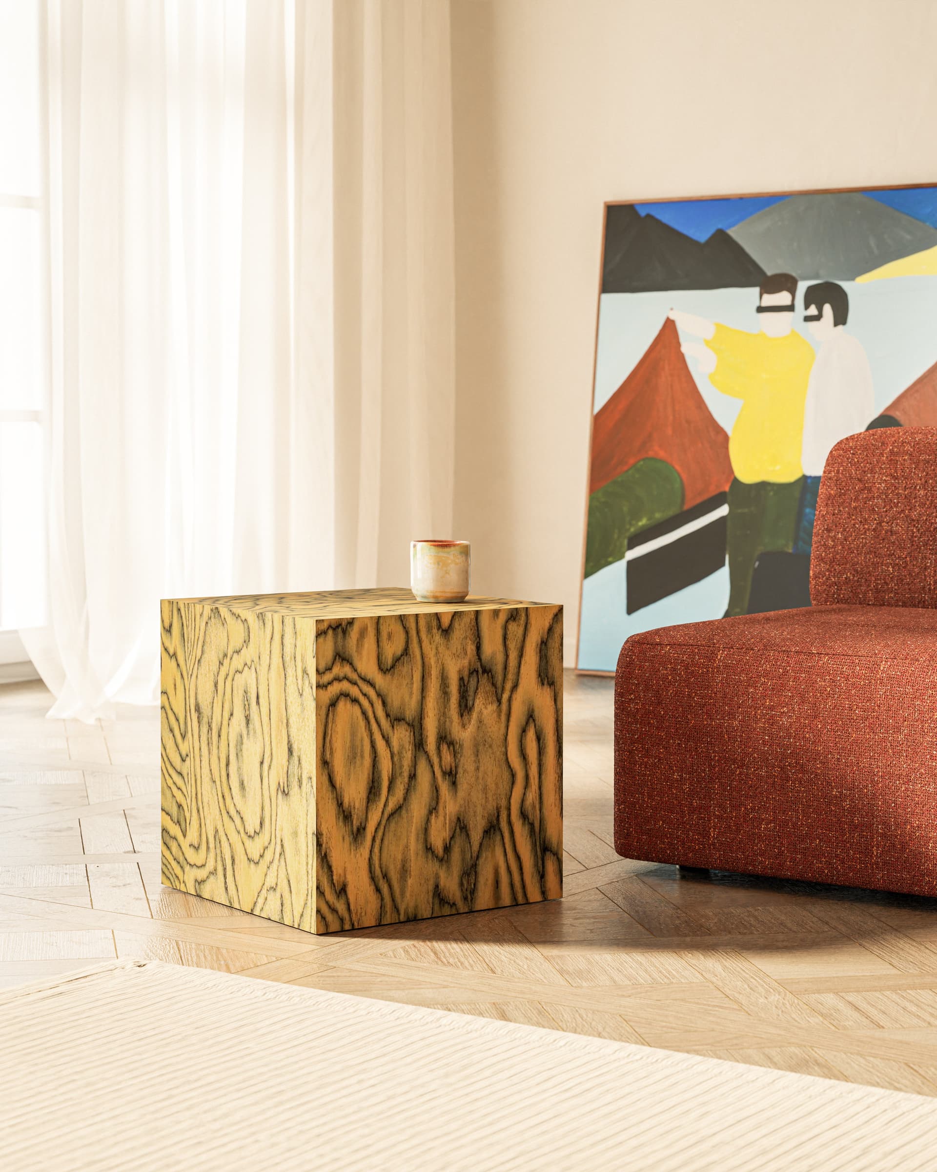 Yellow Postmodern Cube Side Table, by Feum Studio, Italy, 21st c. - 33328