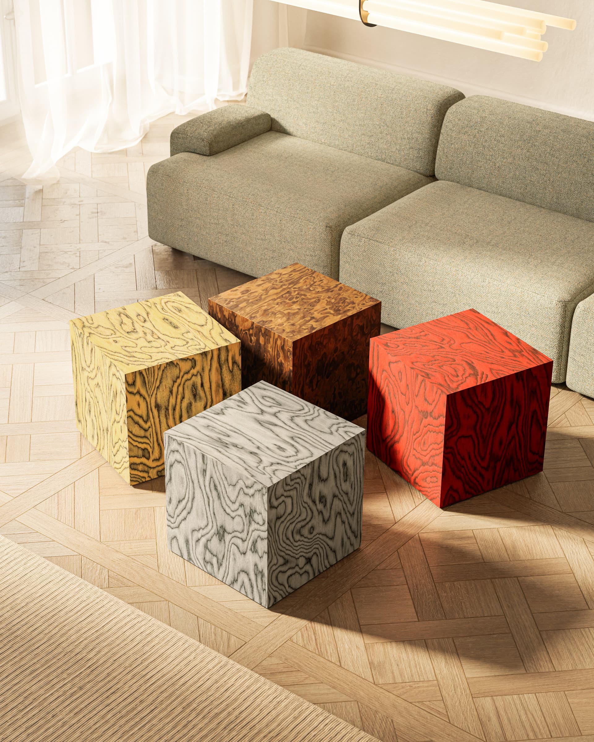 Cube Sottsass side table 40x40x40.5 cm red veneer, by Feum Studio, FEUM - 33325