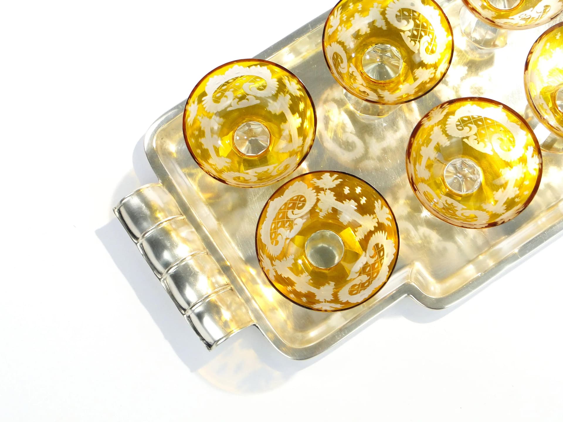 Set of Art Deco liqueur glasses, amber, crystal, Józefina Glassworks, Poland, 1930s - 33258