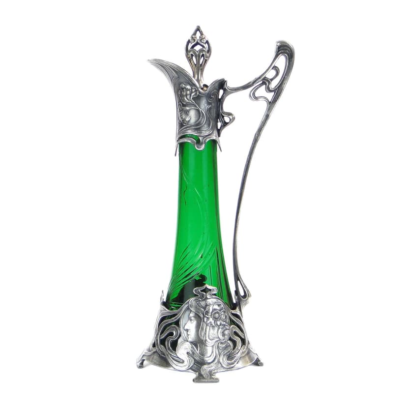 Art Nouveau decanter, green glass, silver-plated pewter, by A. Mayer, WMF, Germany, early 20th c.