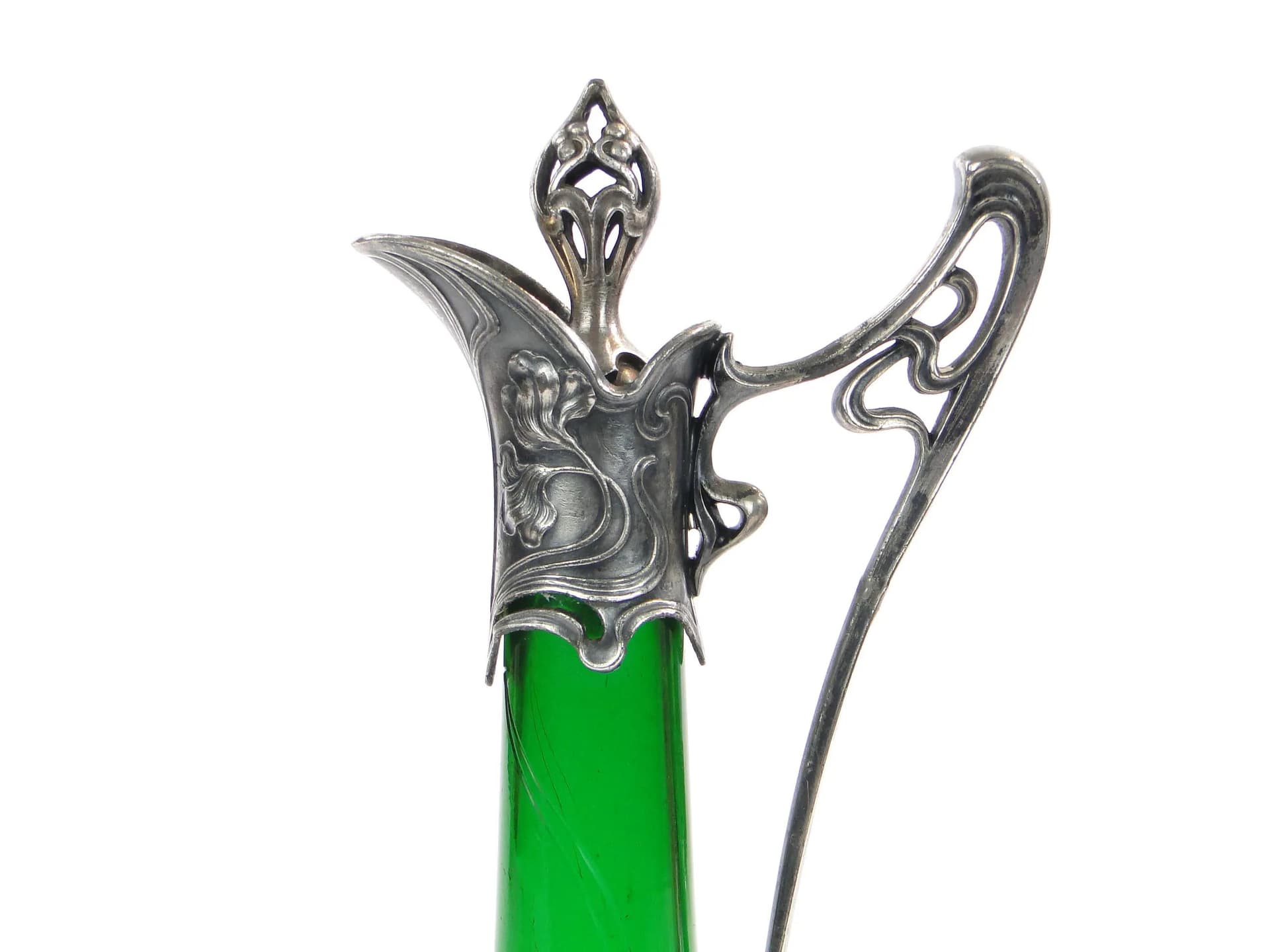 Karafka secesyjna, szkło zielone, cyna srebrzona, proj. A. Mayer, WMF, Niemcy, początek XX w. - 33233