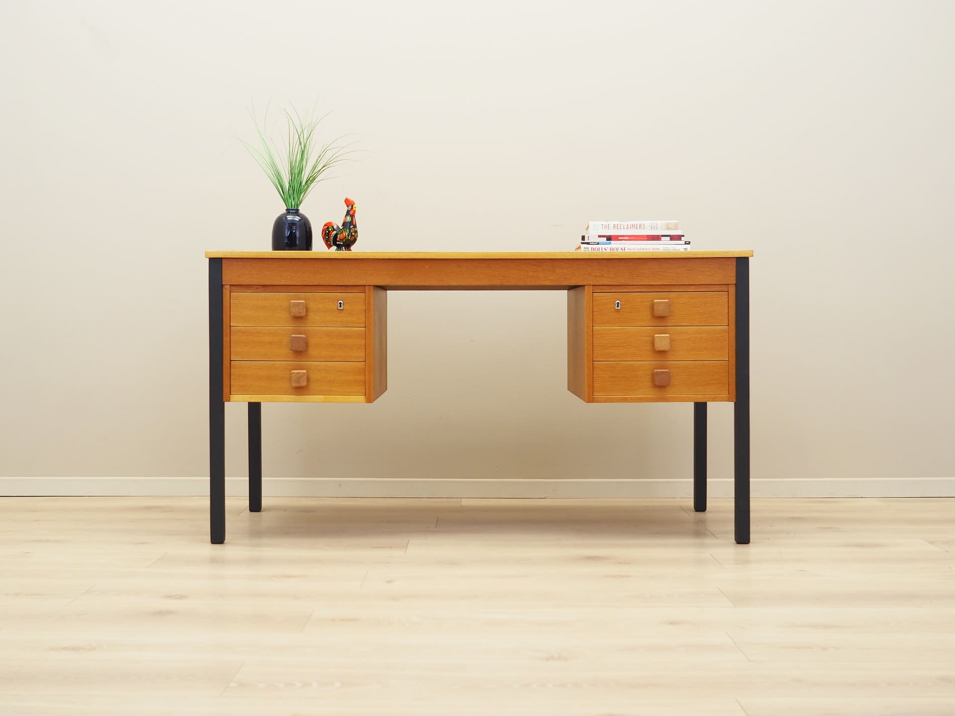 Desk, yellow ash, black metal, Domino Møbler, Denmark, 1970s. - 63906
