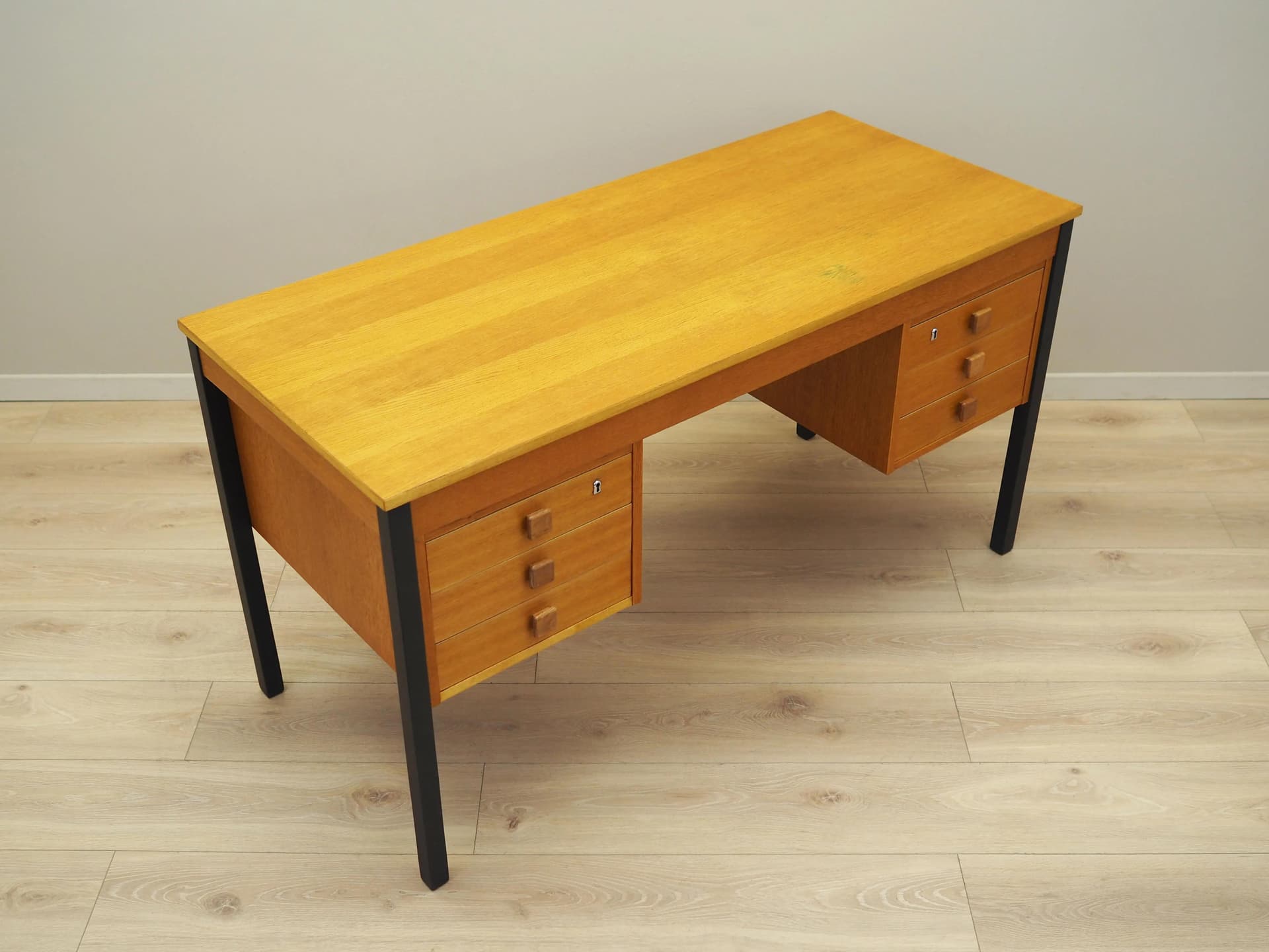 Desk, yellow ash, black metal, Domino Møbler, Denmark, 1970s. - 33485
