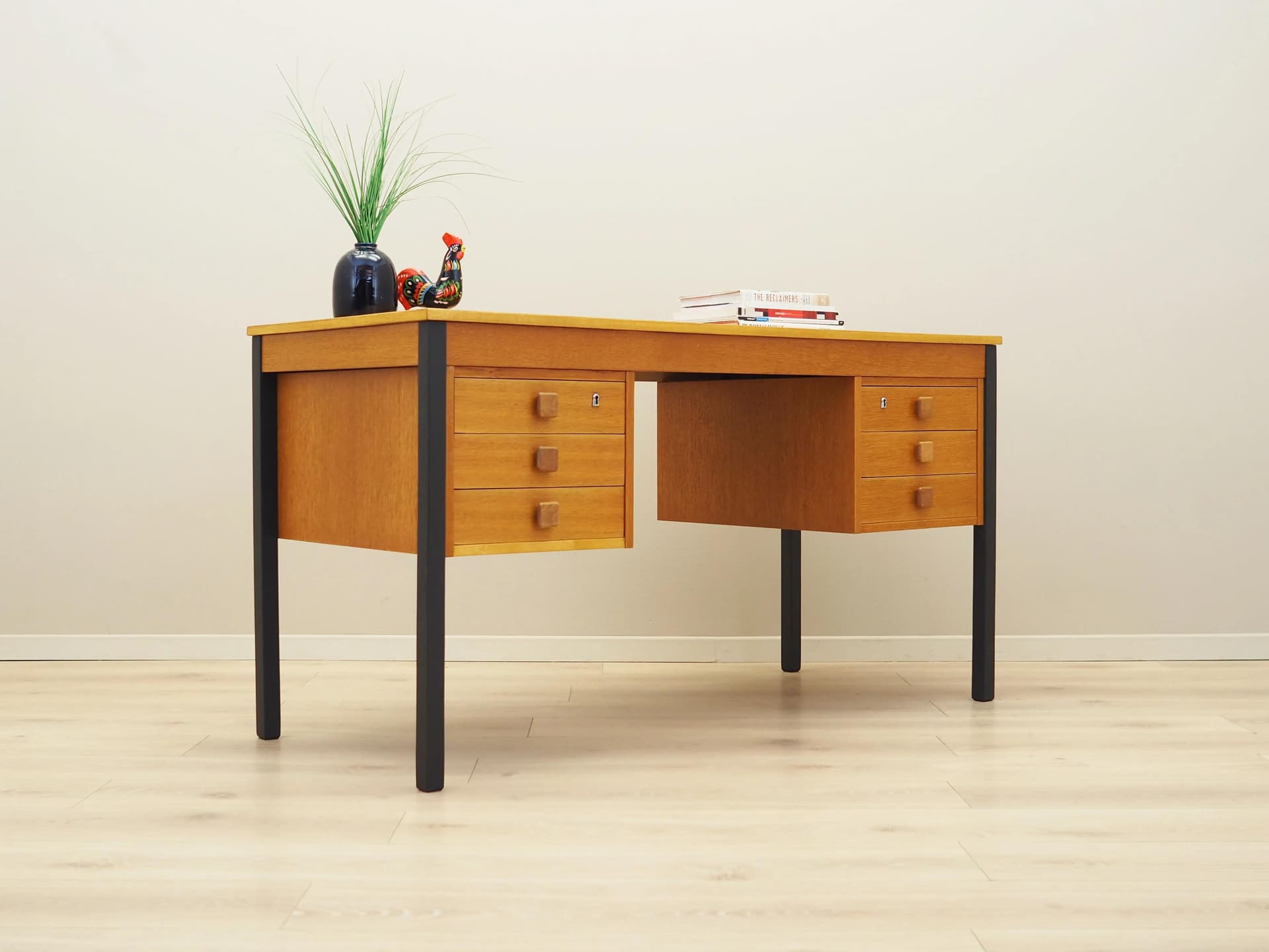 Desk, yellow ash, black metal, Domino Møbler, Denmark, 1970s. - 33484