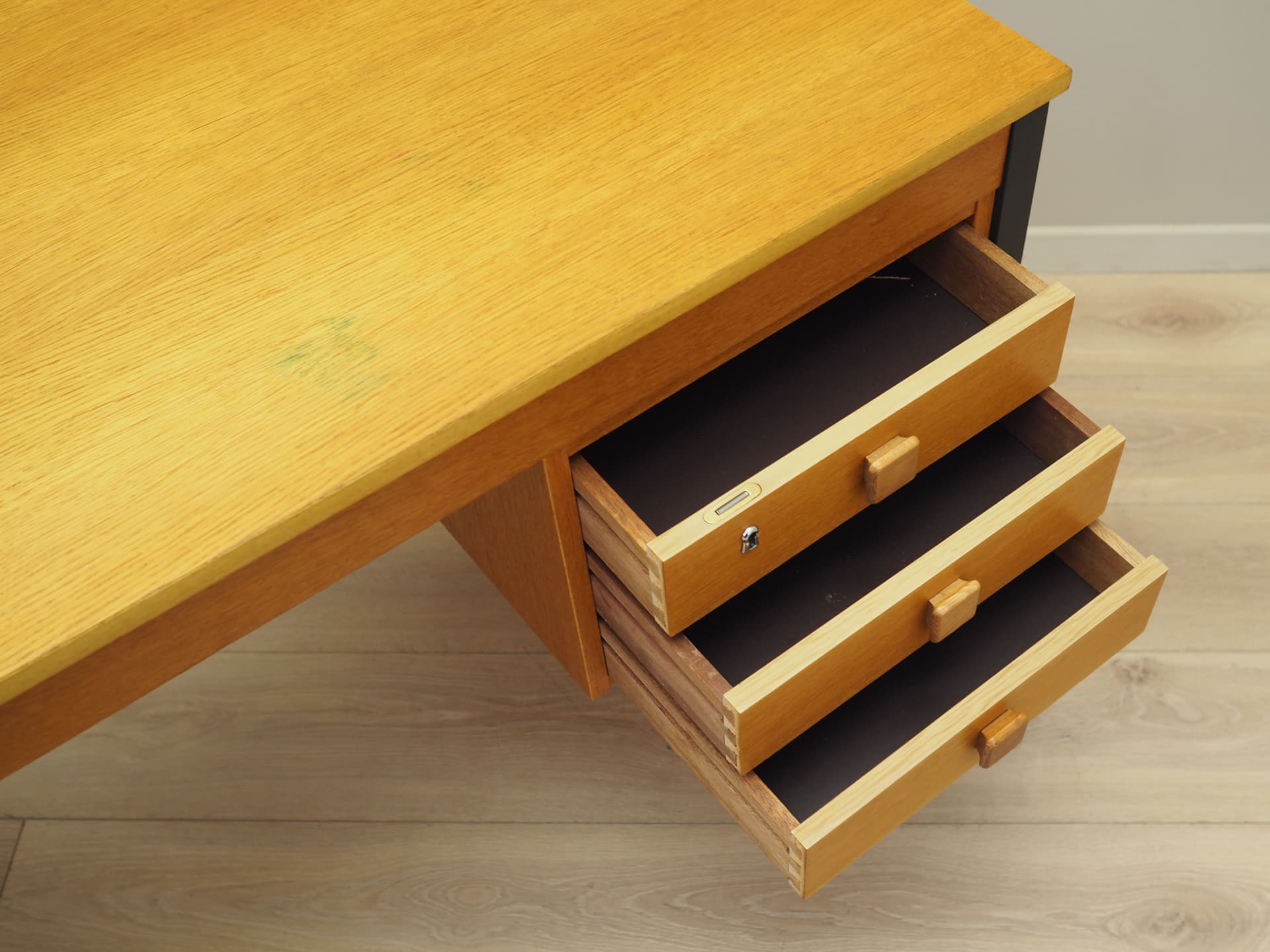 Desk, yellow ash, black metal, Domino Møbler, Denmark, 1970s. - 63907
