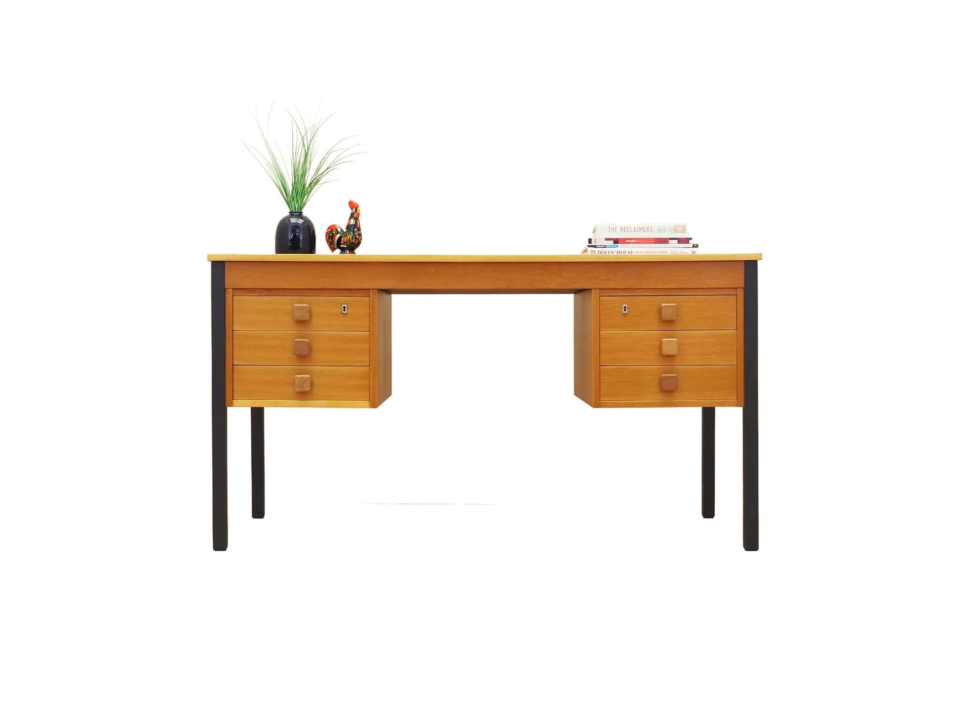 Desk, yellow ash, black metal, Domino Møbler, Denmark, 1970s.