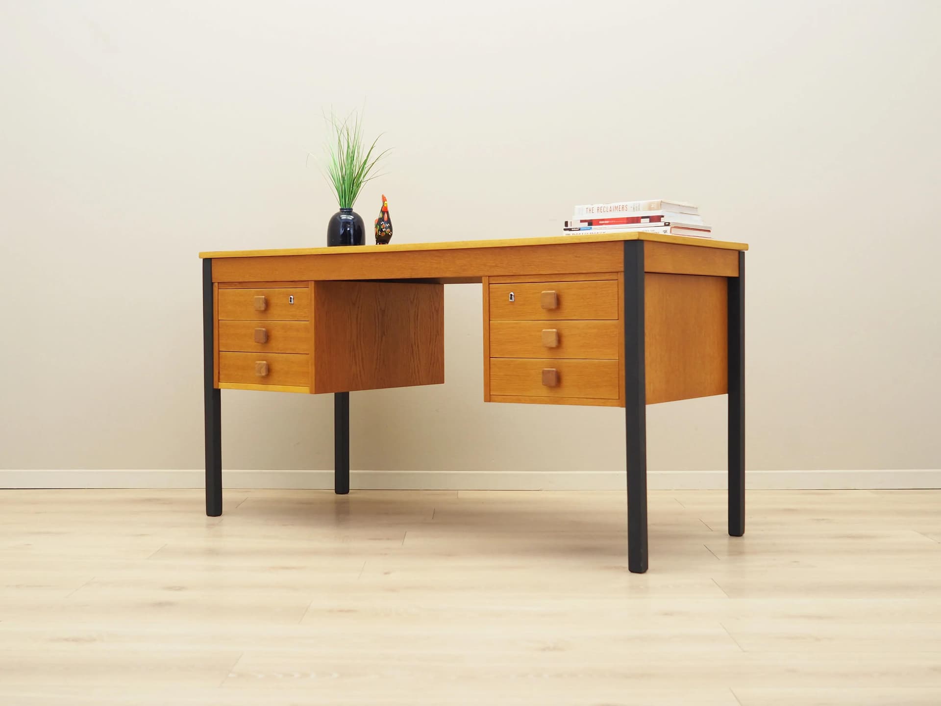 Desk, yellow ash, black metal, Domino Møbler, Denmark, 1970s. - 33483