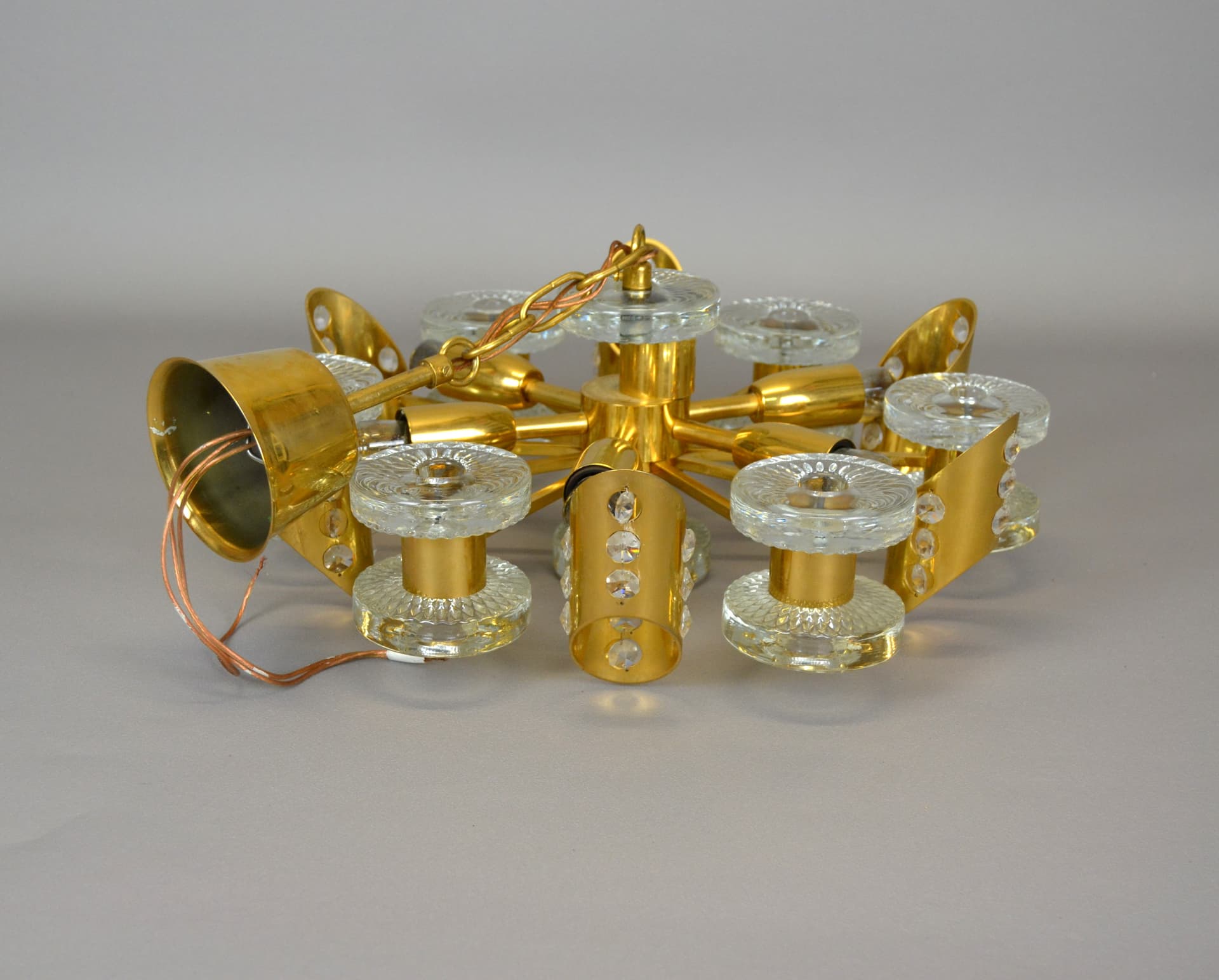 Chandelier, golden brass, glass, Orrefors, Sweden, 1960s - 229