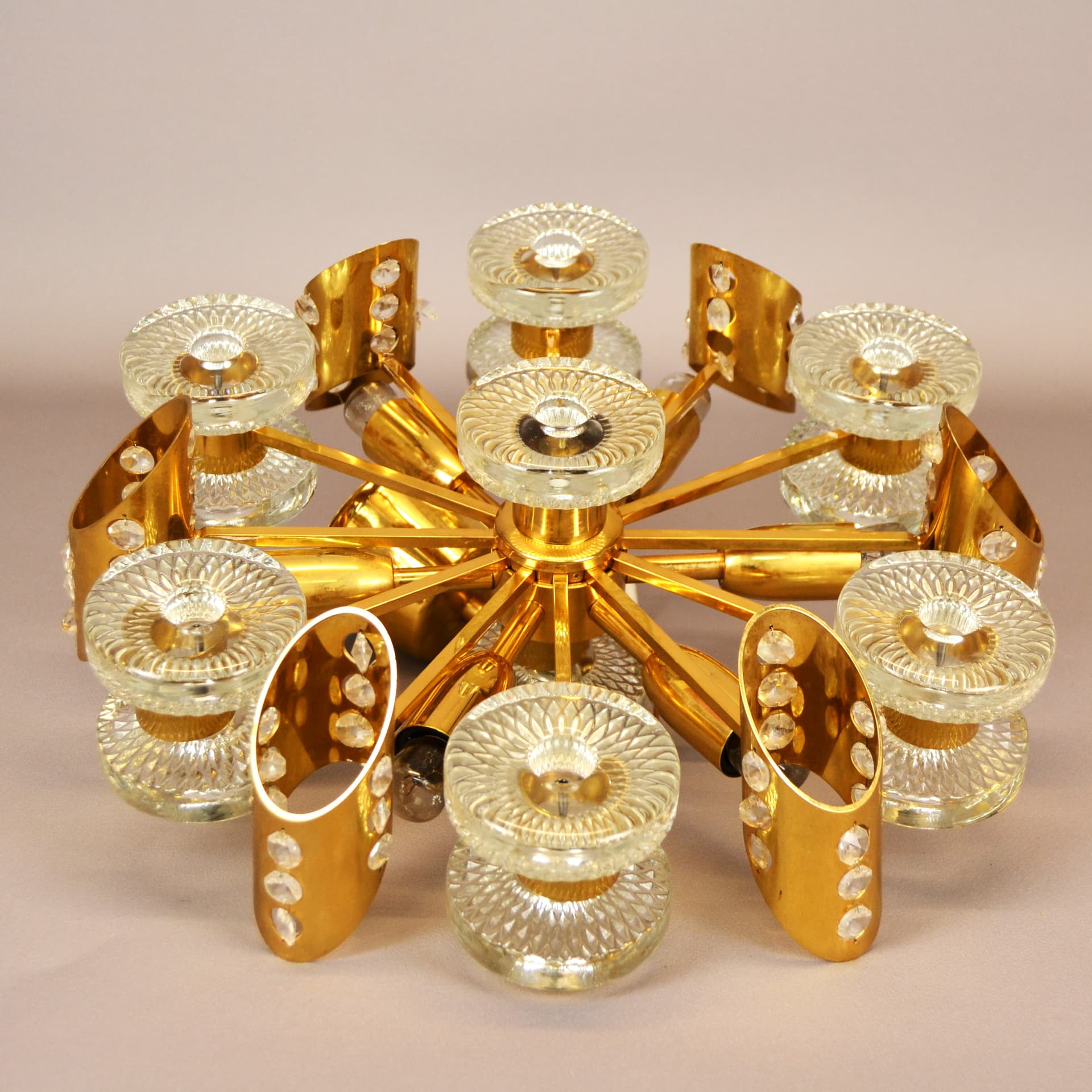 Chandelier, golden brass, glass, Orrefors, Sweden, 1960s - 230