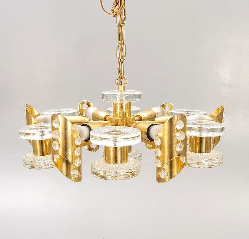 Chandelier, golden brass, glass, Orrefors, Sweden, 1960s - 226