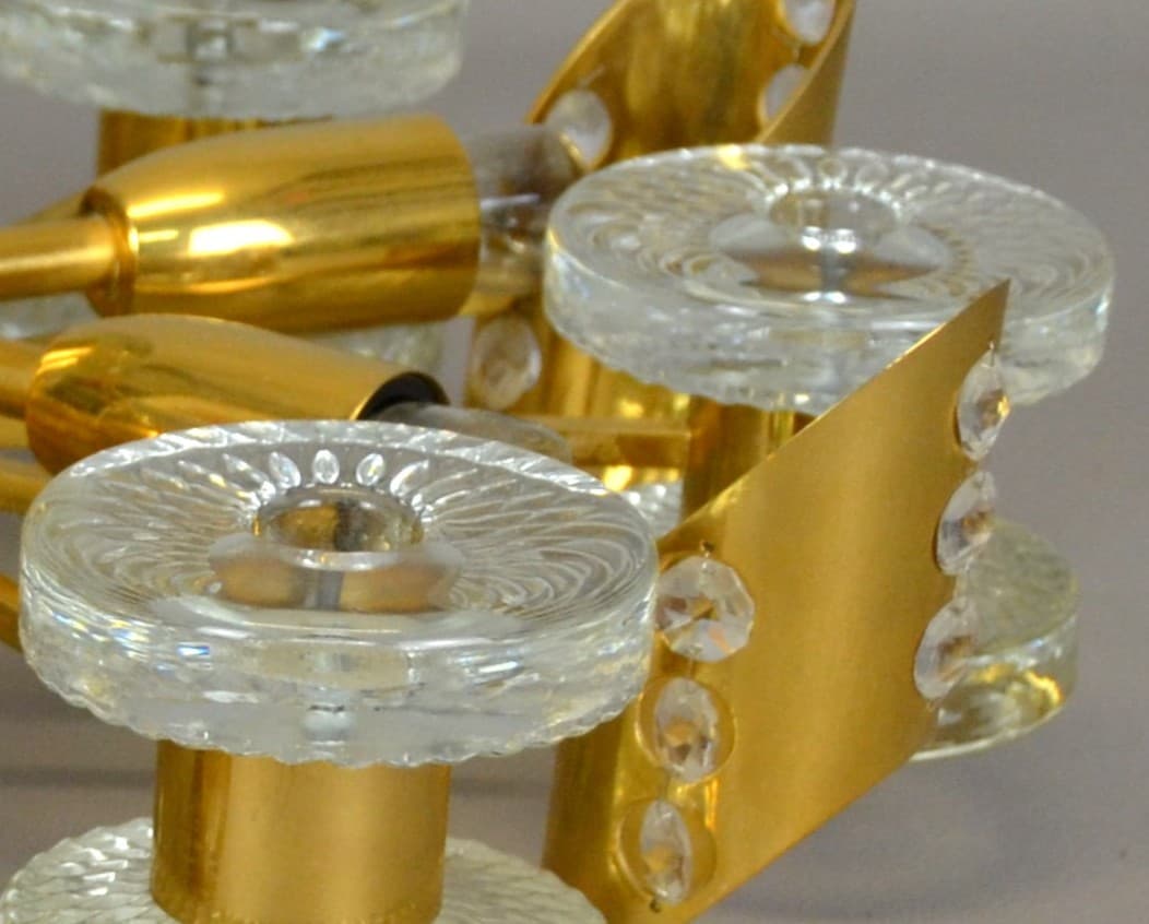 Chandelier, golden brass, glass, Orrefors, Sweden, 1960s - 232