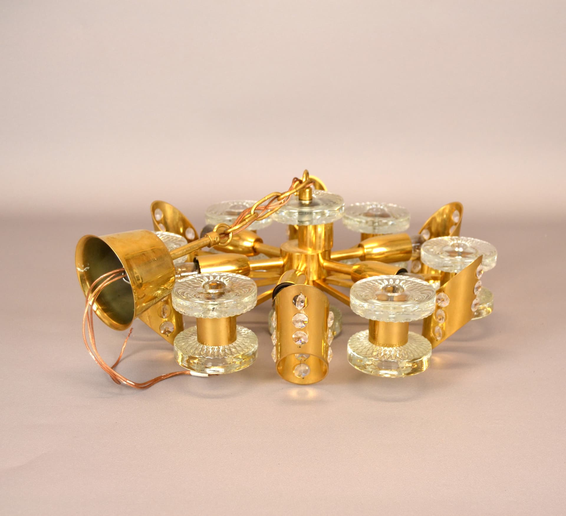 Chandelier, golden brass, glass, Orrefors, Sweden, 1960s - 228
