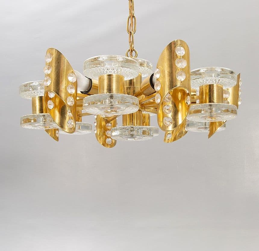 Chandelier, golden brass, glass, Orrefors, Sweden, 1960s - 227