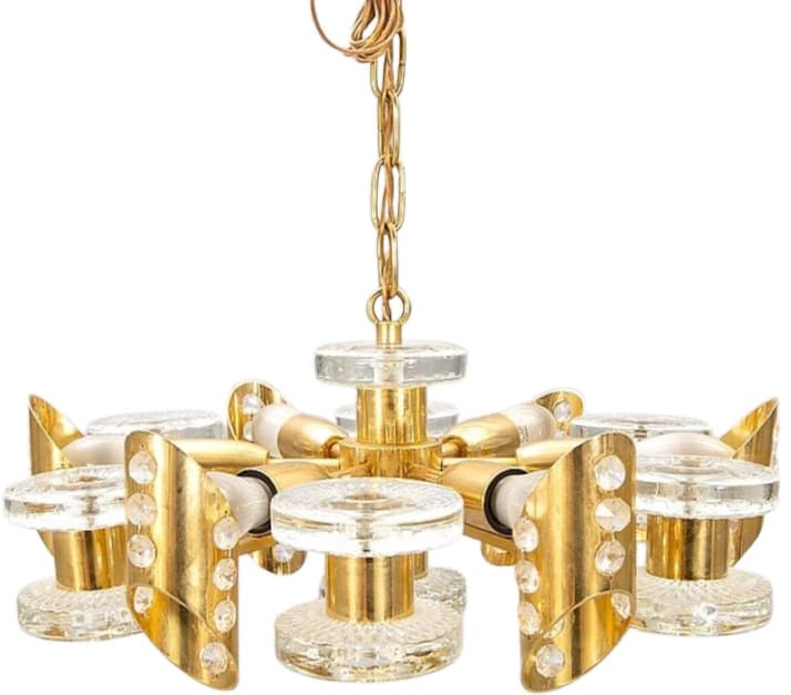 Chandelier, golden brass, glass, Orrefors, Sweden, 1960s