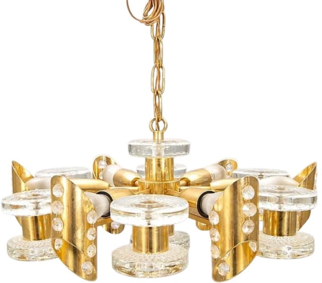 Chandelier, golden brass, glass, Orrefors, Sweden, 1960s - DIMENSION