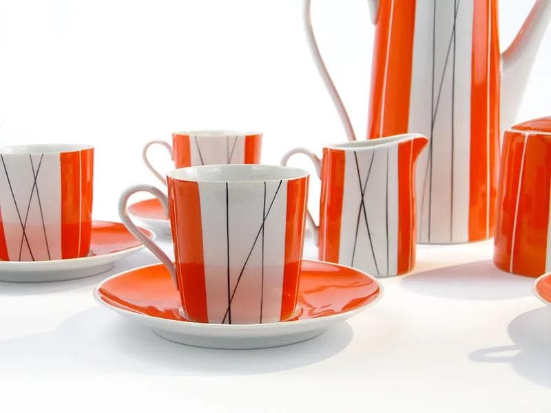Serwis kawowy Adam, pomarańczowy-biały-czarny, porcelana, proj. S. Skomiał, Polska, lata 60. - 33590