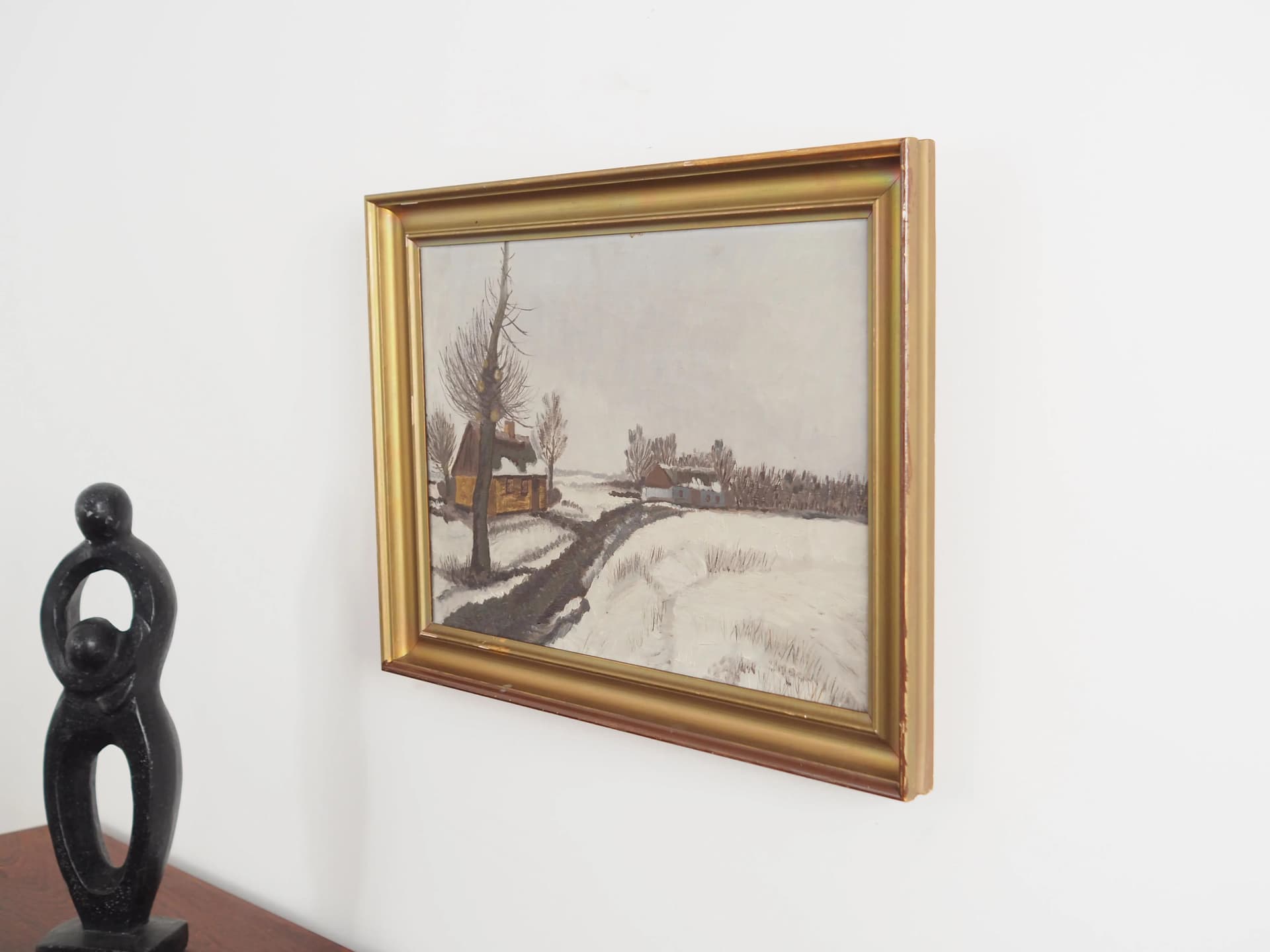 Obraz Pejzaż zimowy, skandynawski, płótno szary, lata 60. - 33630