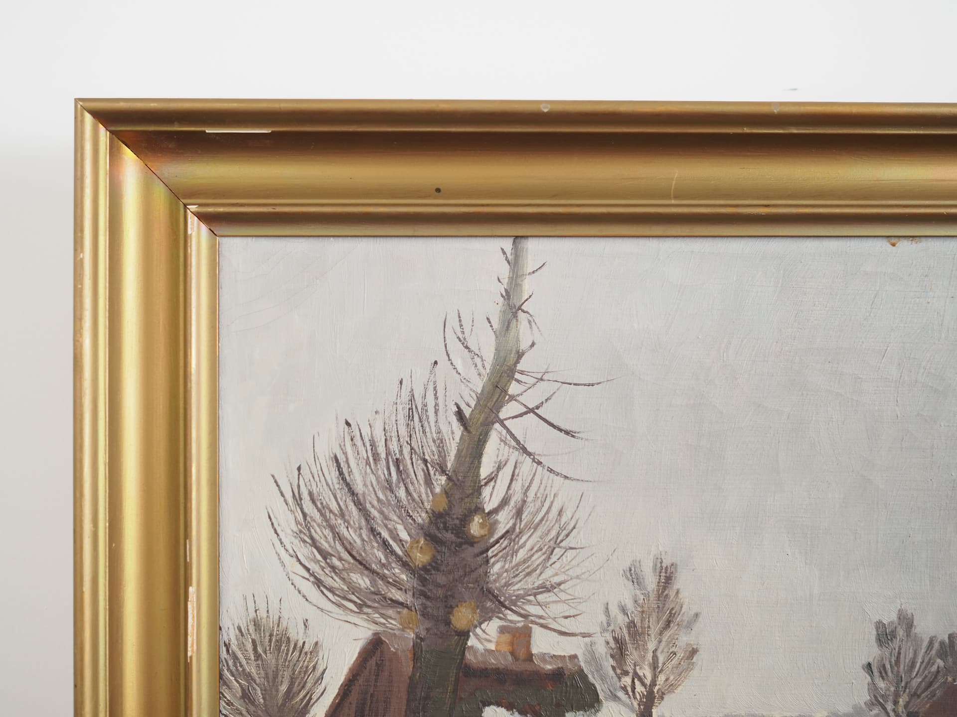 Obraz Pejzaż zimowy, skandynawski, płótno szary, lata 60. - 63895