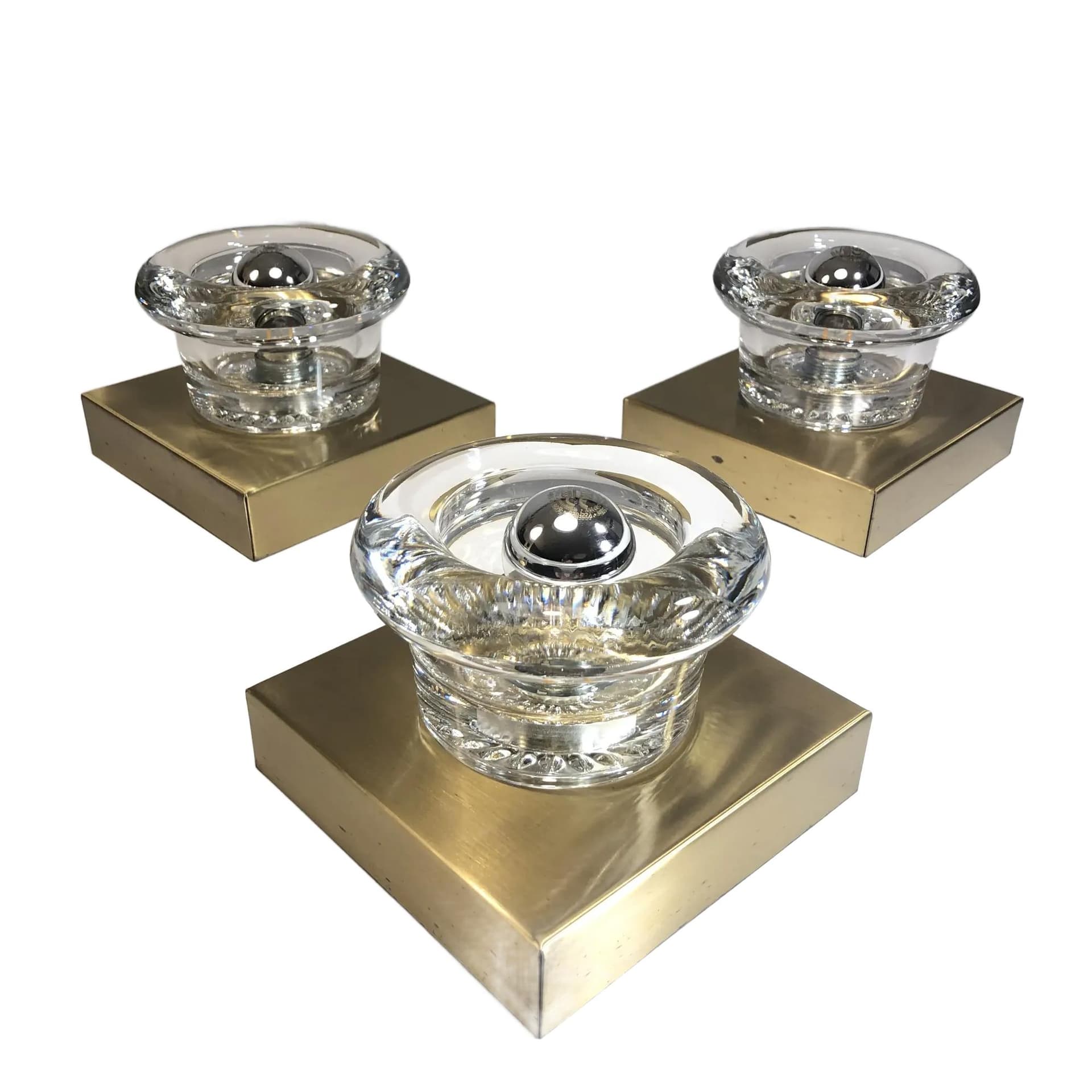 Komplet trzech kinkietów, szkło transparent, mosiądz, Cosack, Niemcy, lata 70.
