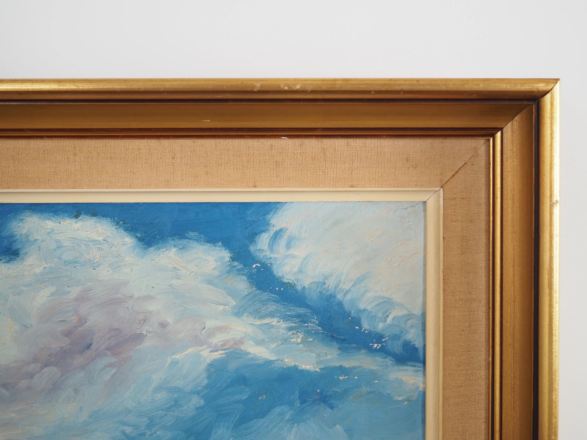 Obraz „Wioska w chmurach”, skandynawski modernizm, multicolor, olej na płótnie, Polska, lata 70. - 33625