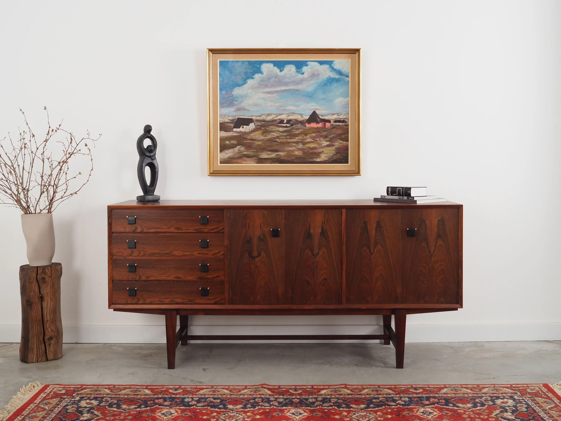 Obraz „Wioska w chmurach”, skandynawski modernizm, multicolor, olej na płótnie, Polska, lata 70. - 33619