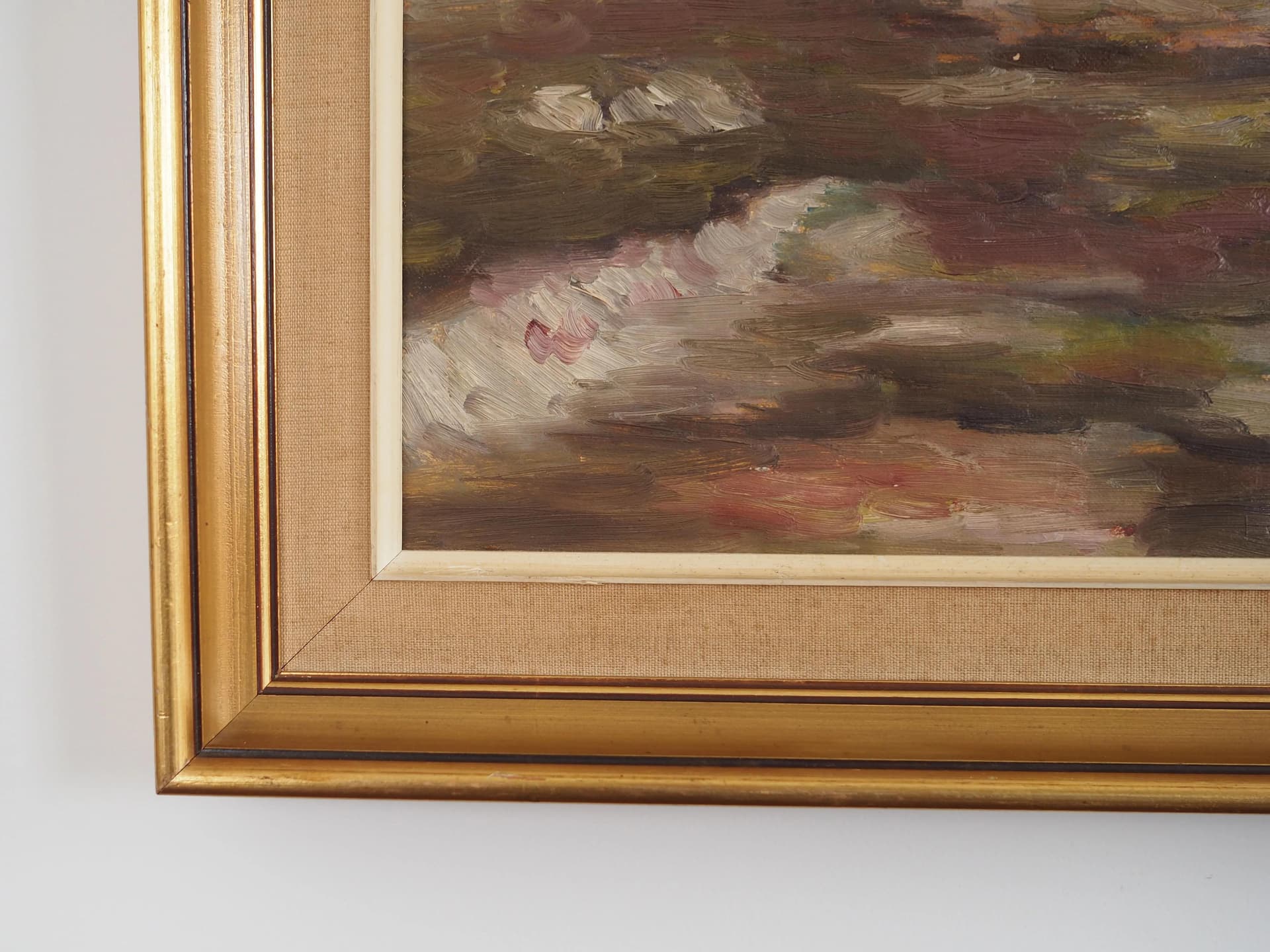 Obraz „Wioska w chmurach”, skandynawski modernizm, multicolor, olej na płótnie, Polska, lata 70. - 33624