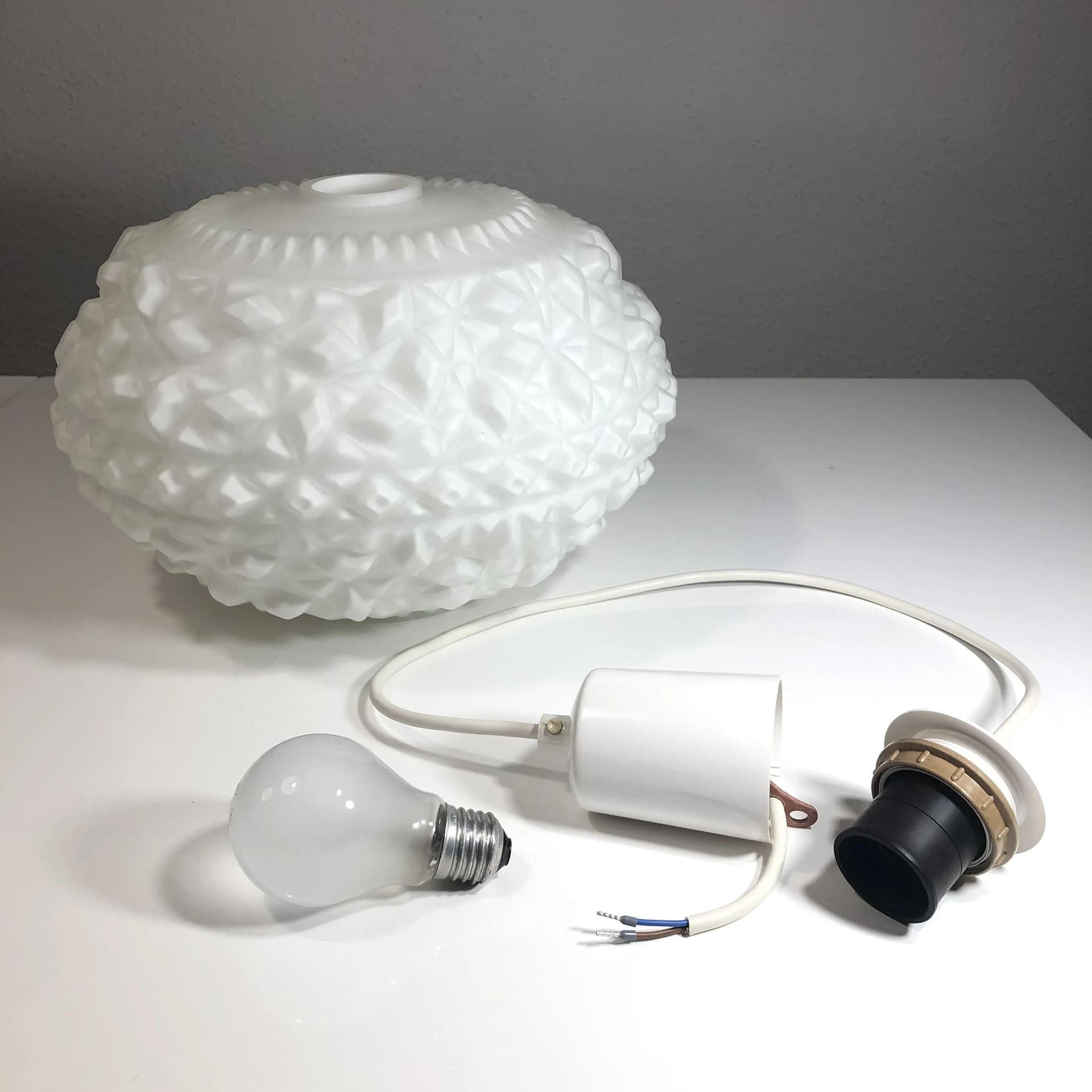 Pendant lamp, white opaline glass, white bakelite, Germany, 1970s. - 33659