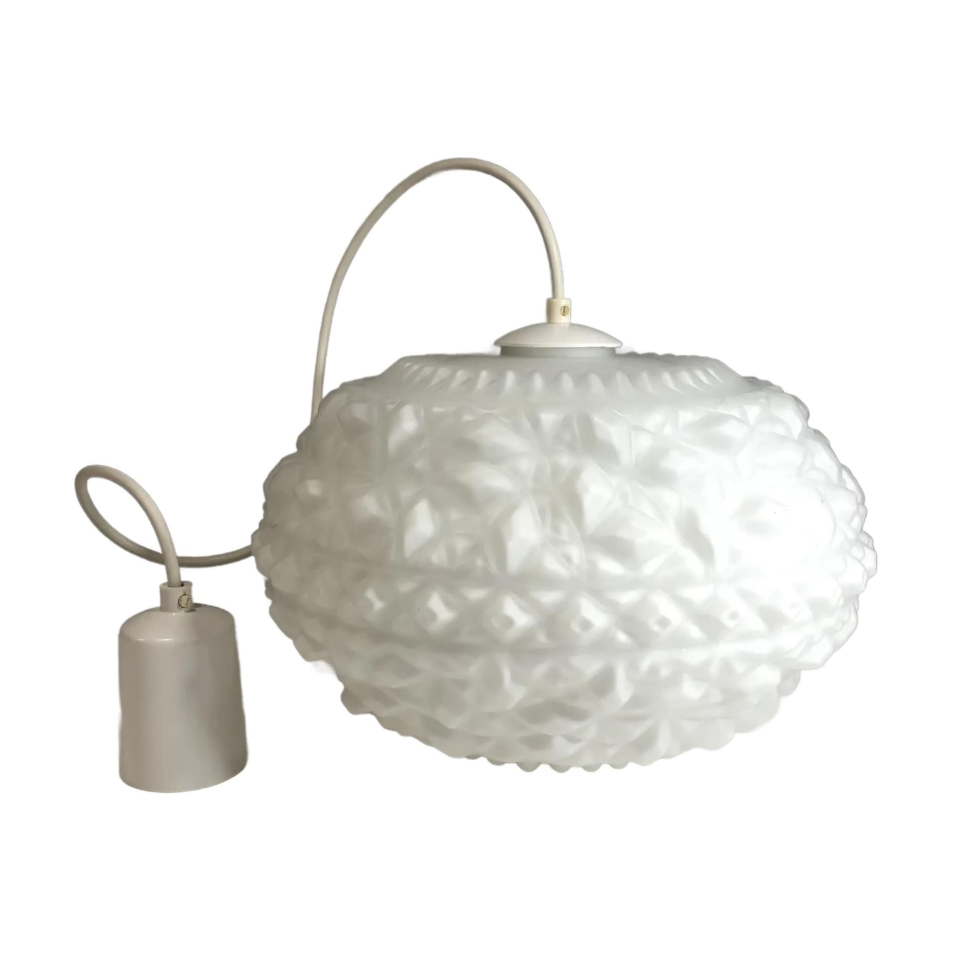 Pendant lamp, white opaline glass, white bakelite, Germany, 1970s.