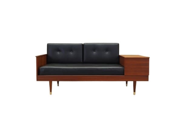 Sofa, mahoniowe drewno ciemnobrązowe, ekoskóra czarna, proj. I. Relling, Norwegia, lata 60.