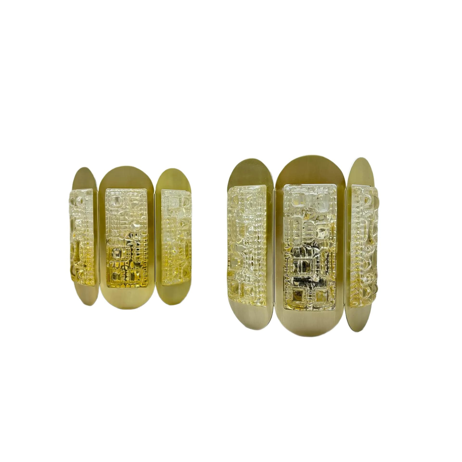 Pair of wall sconces, Vitrika, amber glass, gold aluminium, Denmark, 1960s.