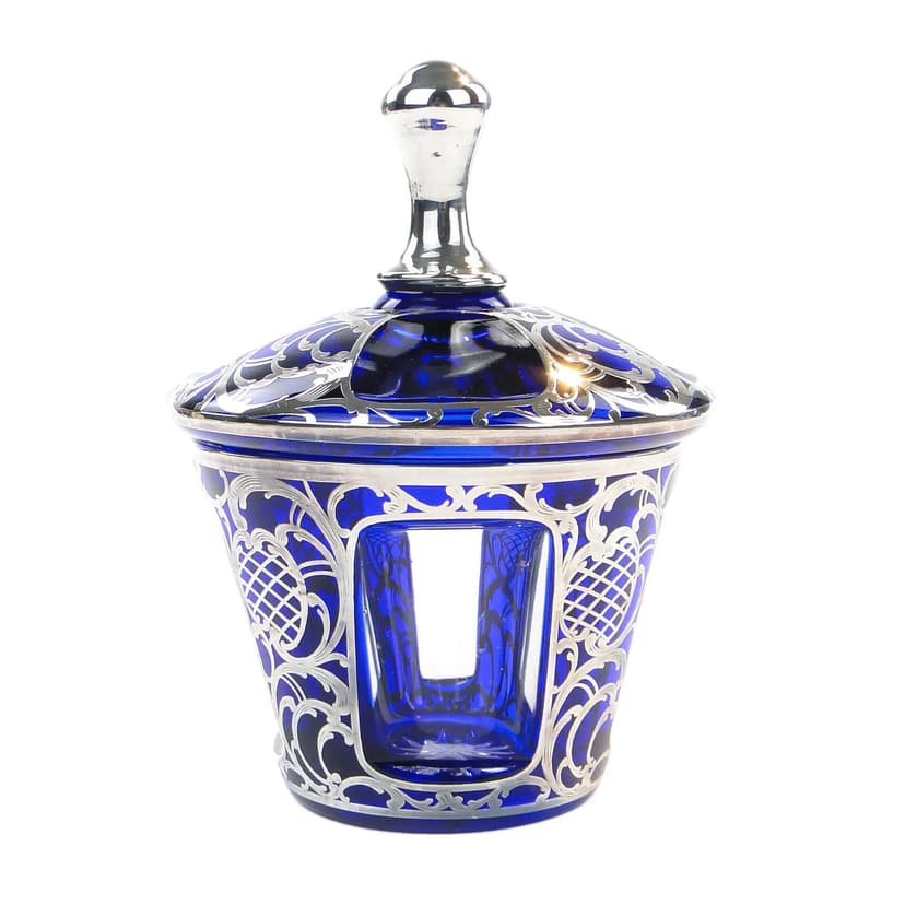 Bonbonniere, indigo glass, silver, by S. Haertl, Poland, 1940s