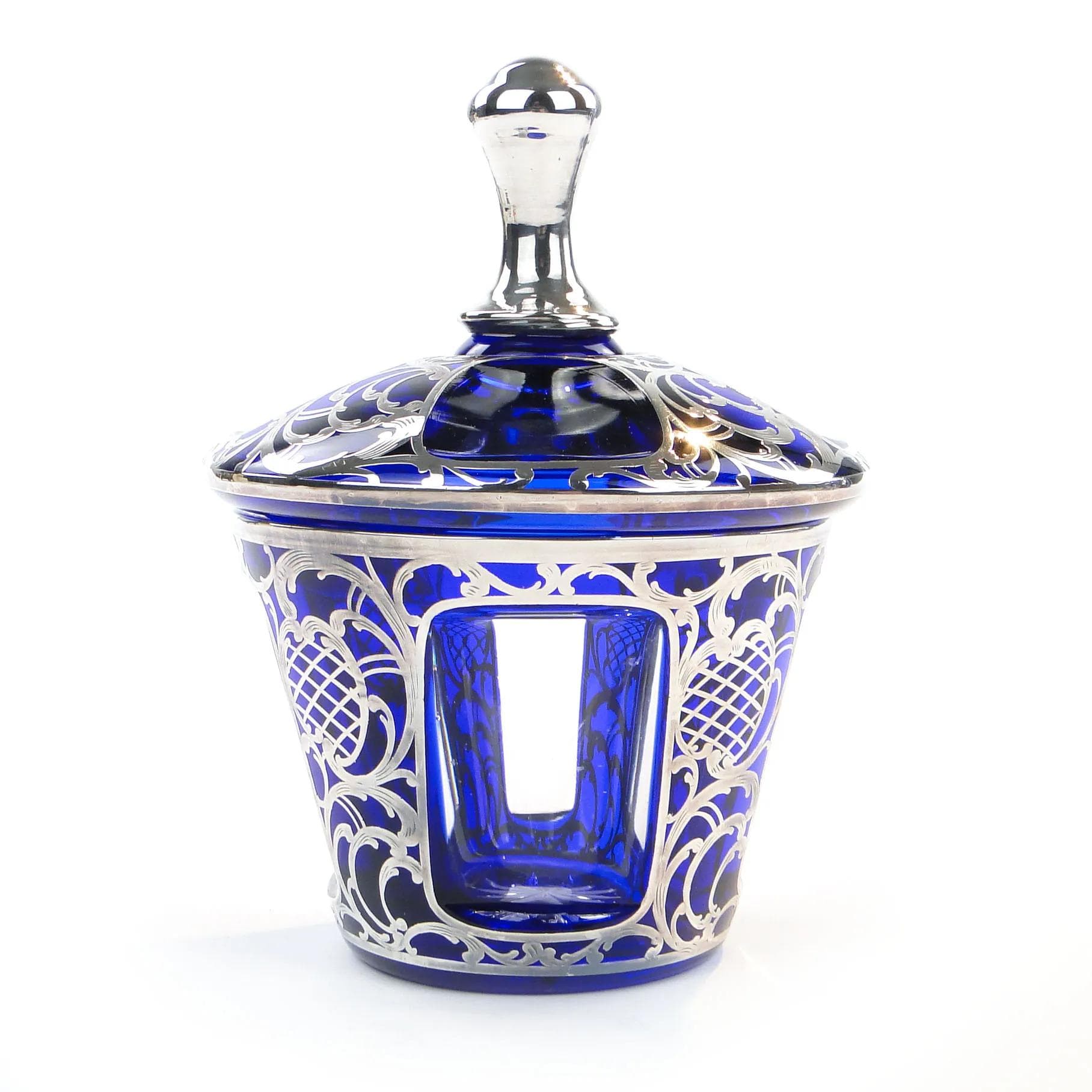 Bomboniera, indygo szkło, srebro, proj. S. Haertl, Polska, lata 40. - 33998