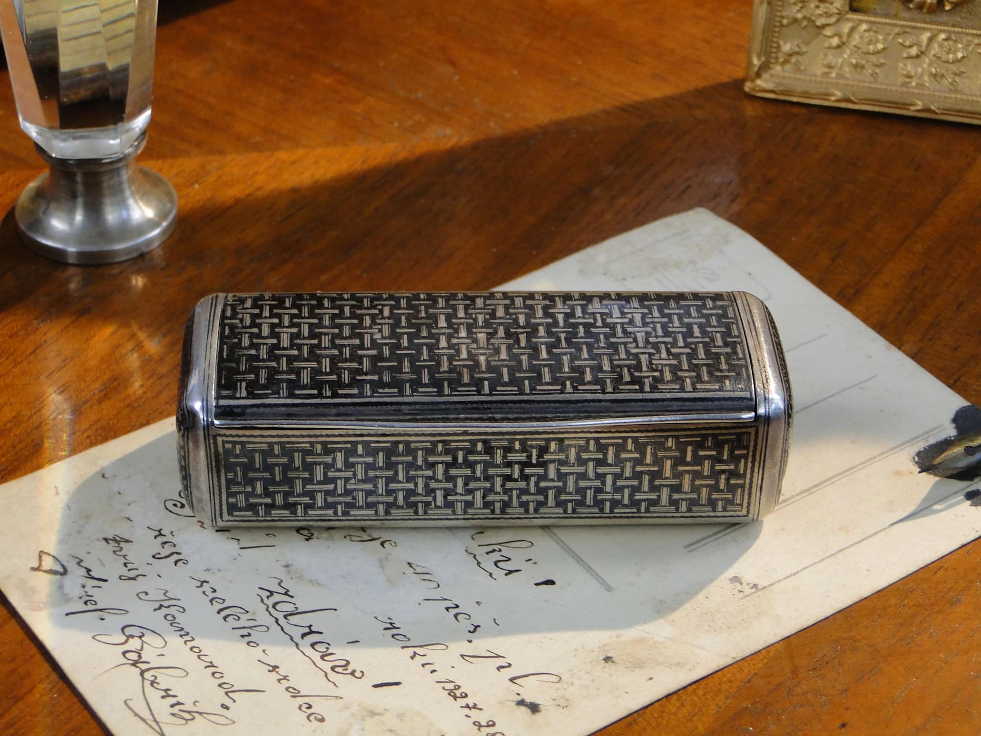 Tabakiera kasetkowa, niello srebro, Carska Rosja, XIX w. - 34288