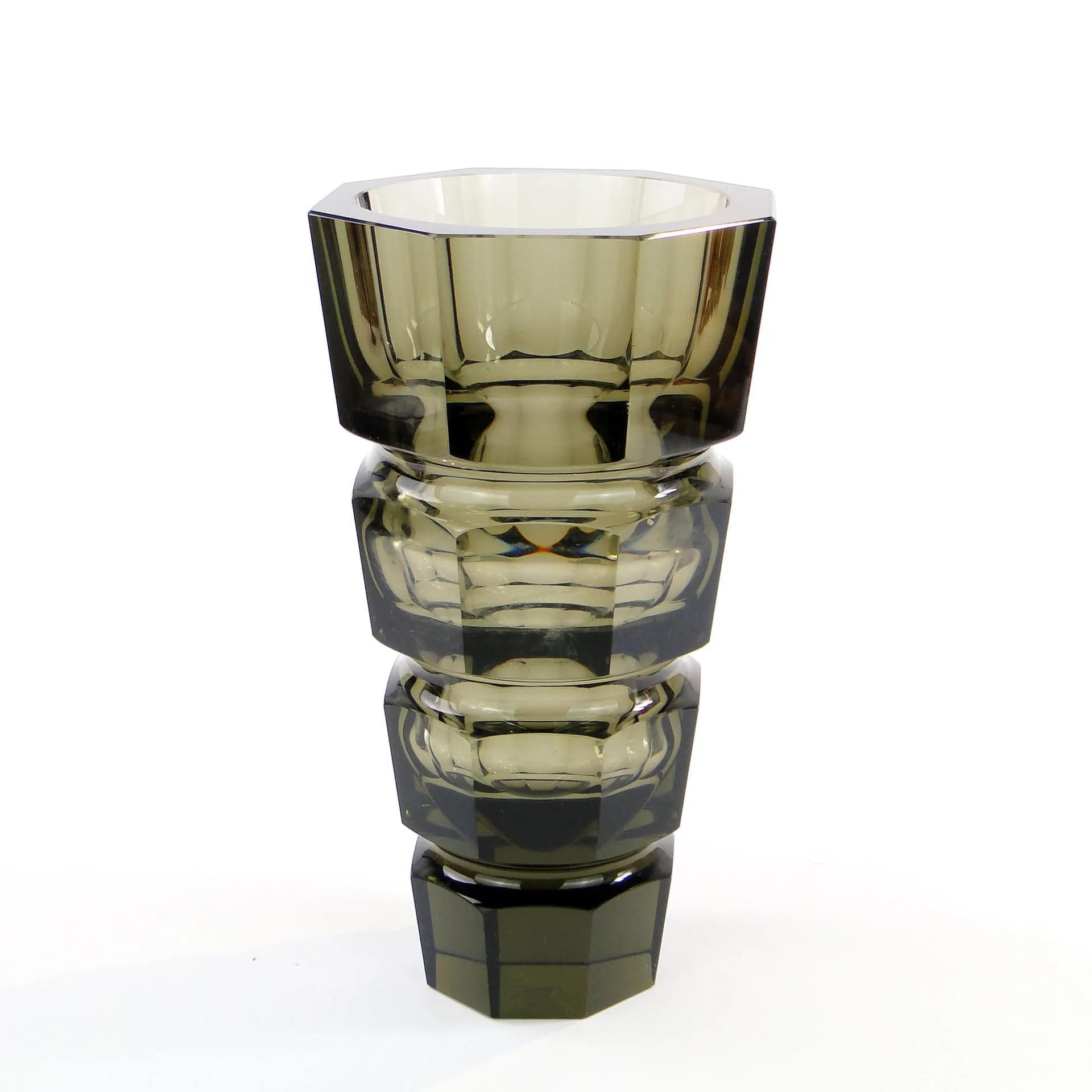 Vase, olive crystal, by J. Hoffmann, Austria, 1930s - 34271