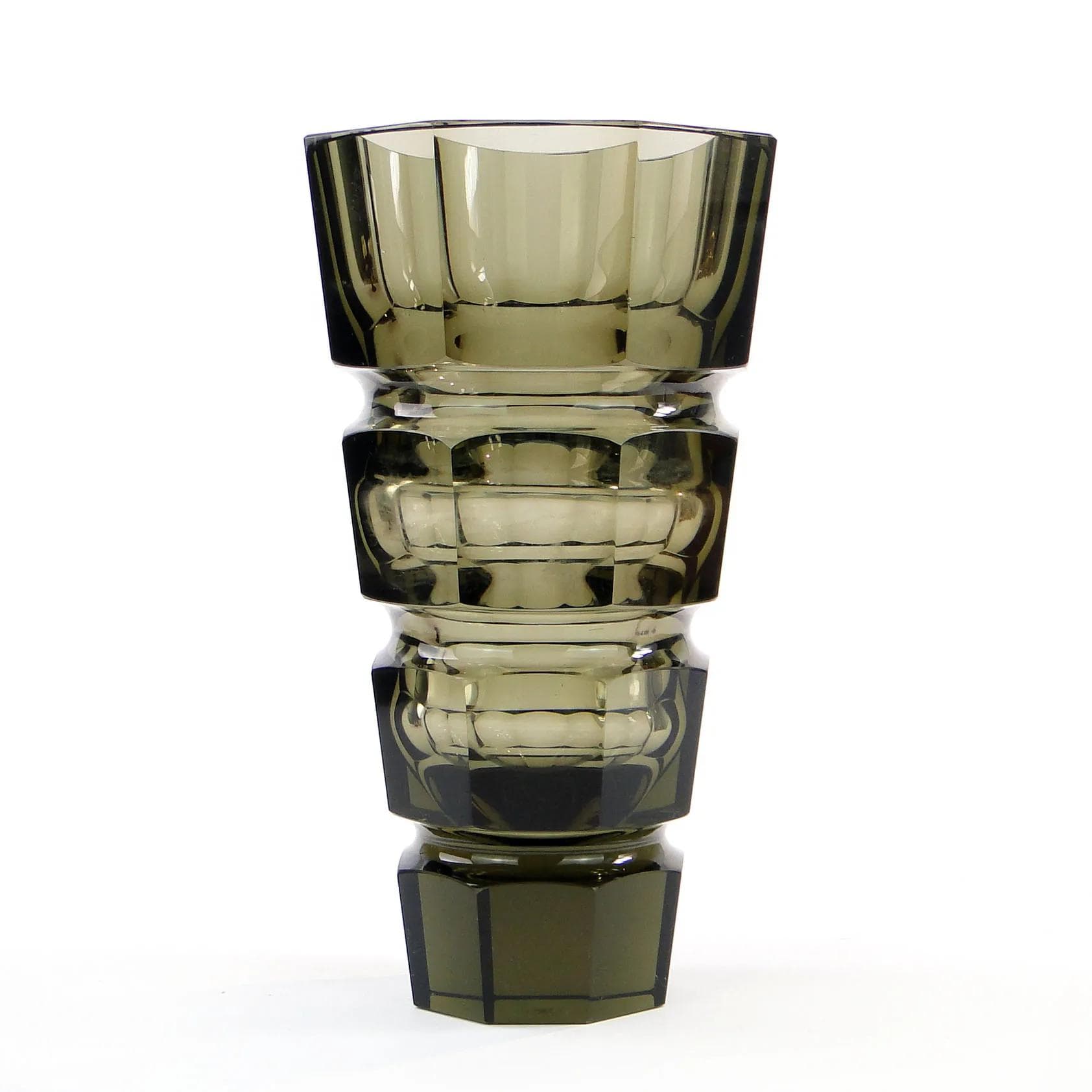 Vase, olive crystal, by J. Hoffmann, Austria, 1930s - 34270