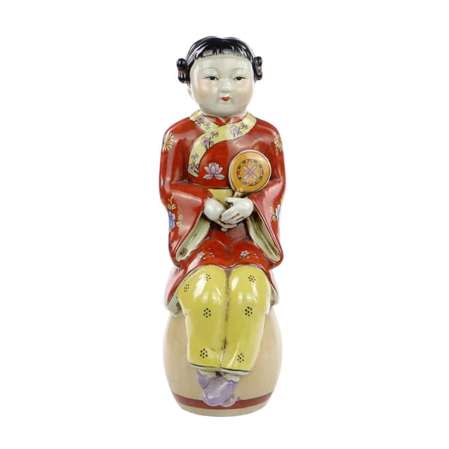 Figura dziewczynki z wachlarzem, ceramika multikolor, Chiny, lata 50. - WYMIARY